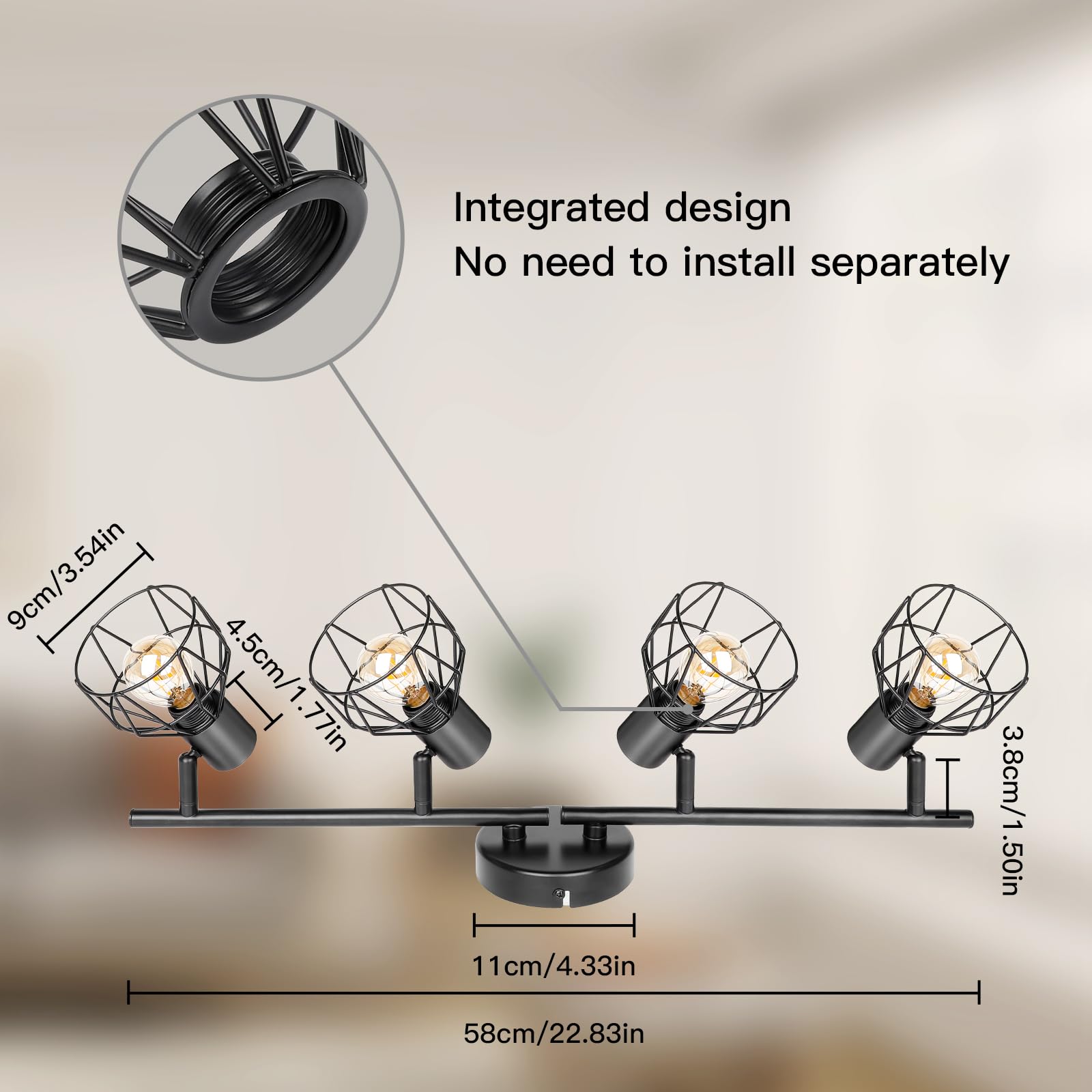 Dehobo Faretti da Soffitto con 4 Faretti Orientabili, Lampada da Soffitto Led Moderno Industriale in Metallo Nero, Luci da Soffitto per Soggiorno Corridoio, Lampadine E14 non Incluse Max. 40W