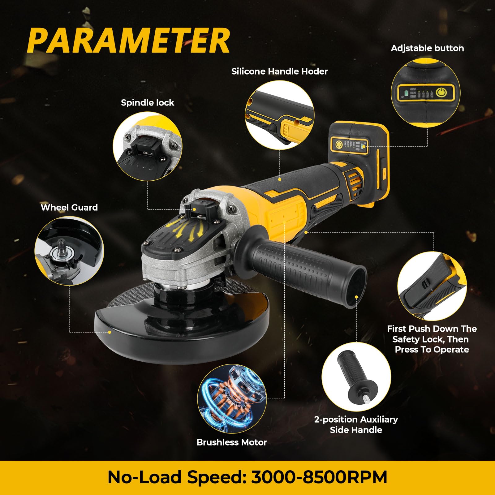 Akumulatorowa szlifierka kątowa do Dewalt 18V 20V, 125mm 8500RPM bezszczotkowa elektryczna 3-biegowa szlifierka elektronarzędzie do cięcia, szlifowania, polerowania drewna, plastiku, metalu (BEZ