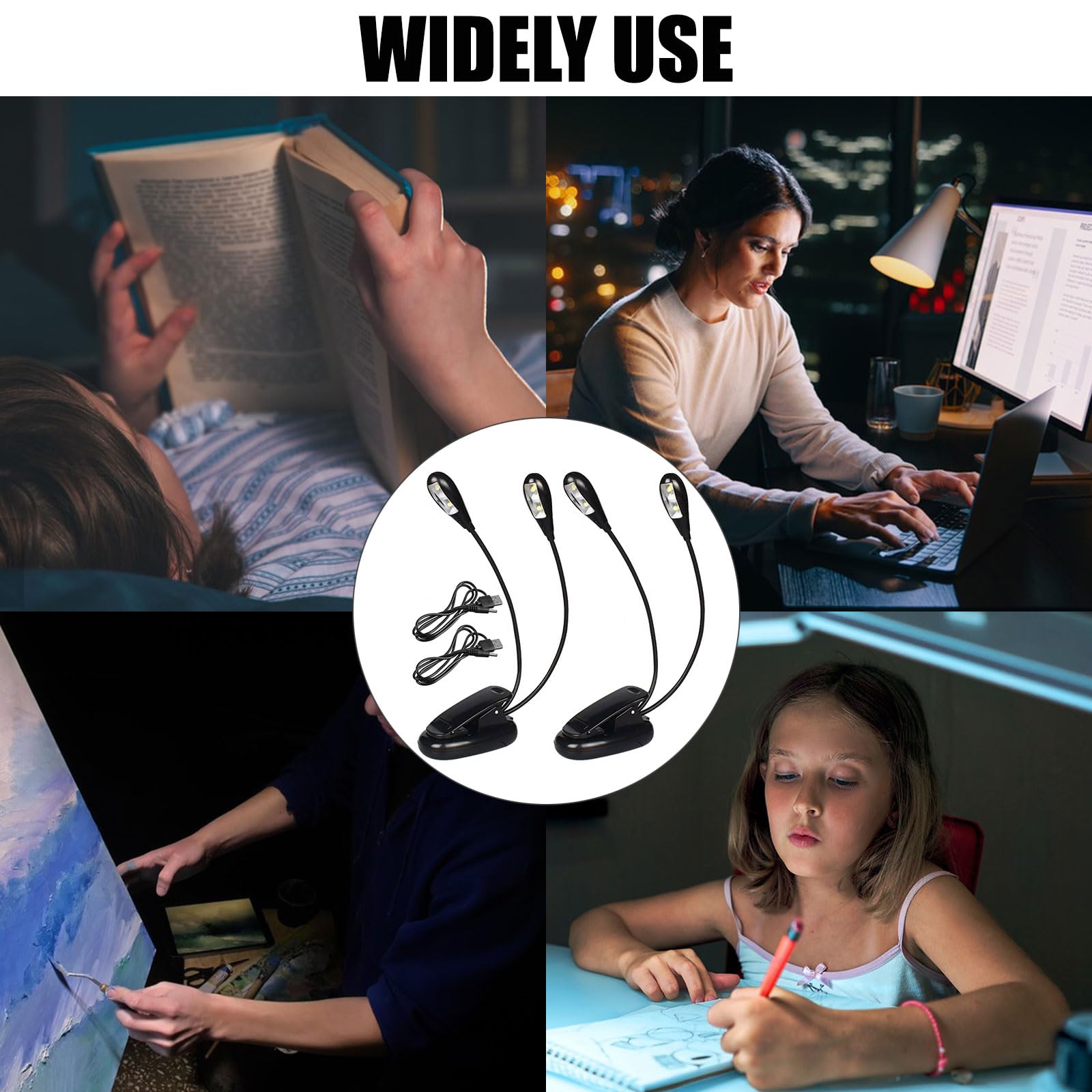 Cerioll Muzyczna lampka do stoiska, muzyczna lampka do czytania, podwójna głowica do czytania, 4 lampki LED z kablem USB, na fortepian, biurko, stojak na stół, czarny, 2 szt