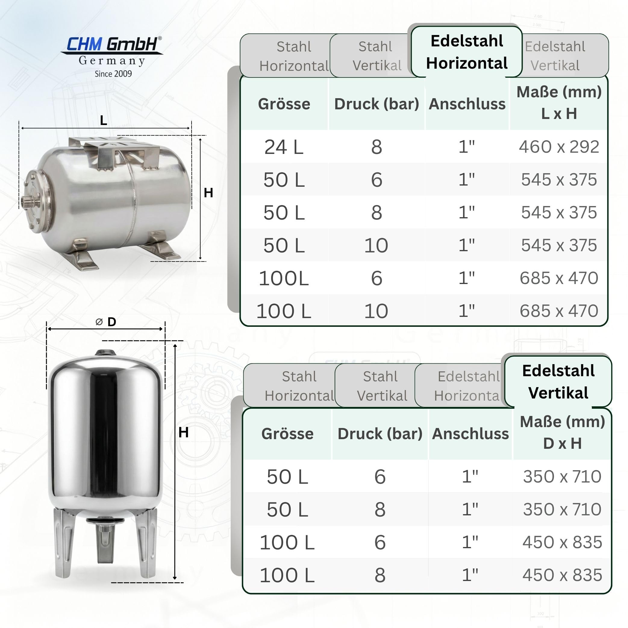 100 L Membrankessel vertikal, Stahltank, Druckkessel max.10 Bar Ausdehungsgefäß