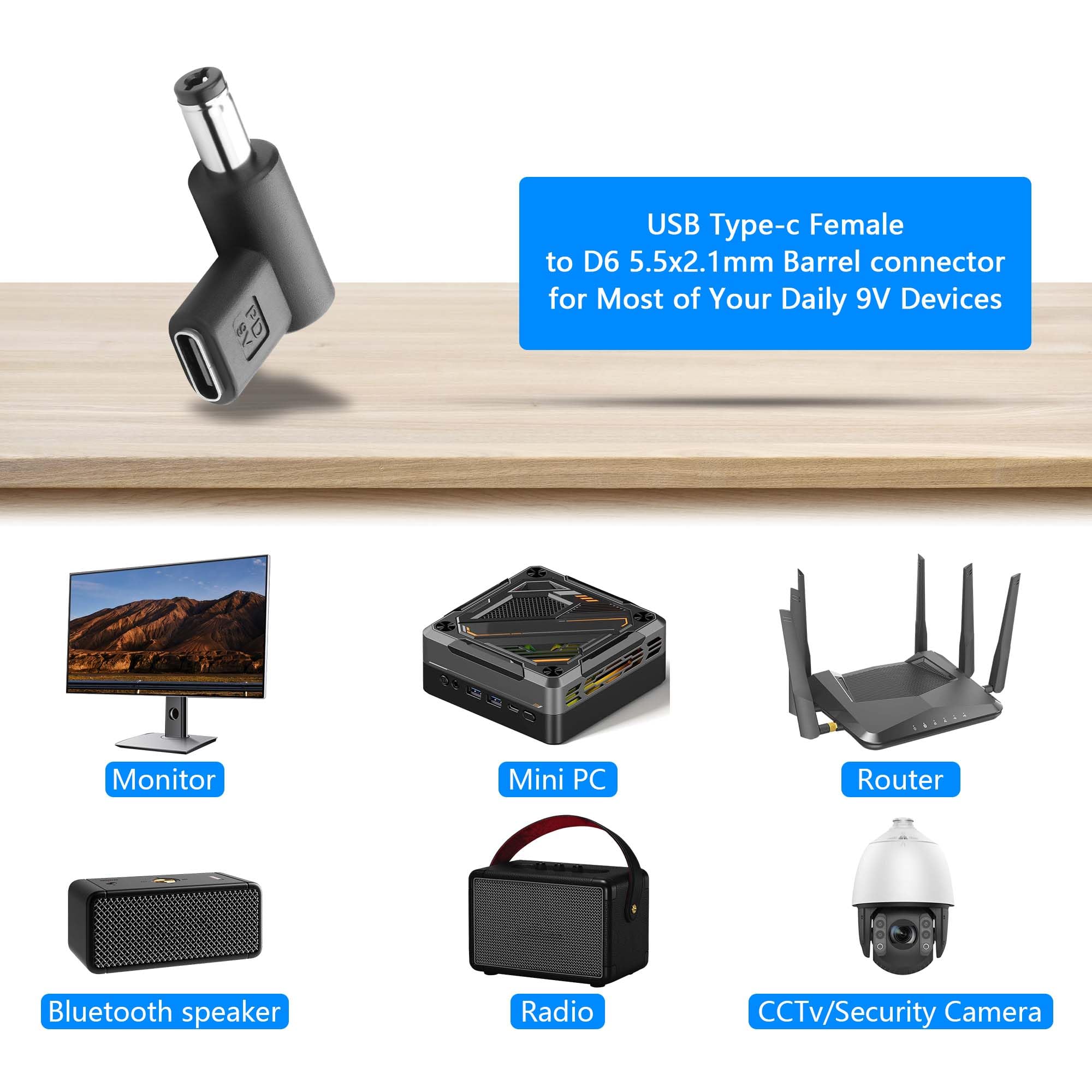 GINTOOYUN 2 szt. 9V DC Adapter złącze zasilania 90 stopni kąt żeński USB C na męski konwerter DC 5,5 mm X 2,1 mm (9V)