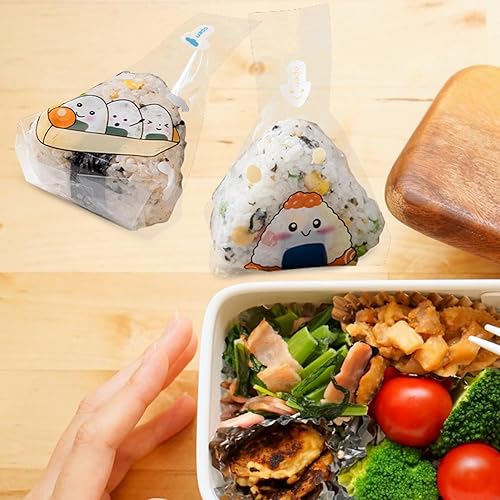 Miniatura 6 de ULTECHNOVO Bolsas de bolas de arroz de plástico, 50 envoltorios desechables de Onigiri con bonito patrón fácil de rasgar para bolas de arroz