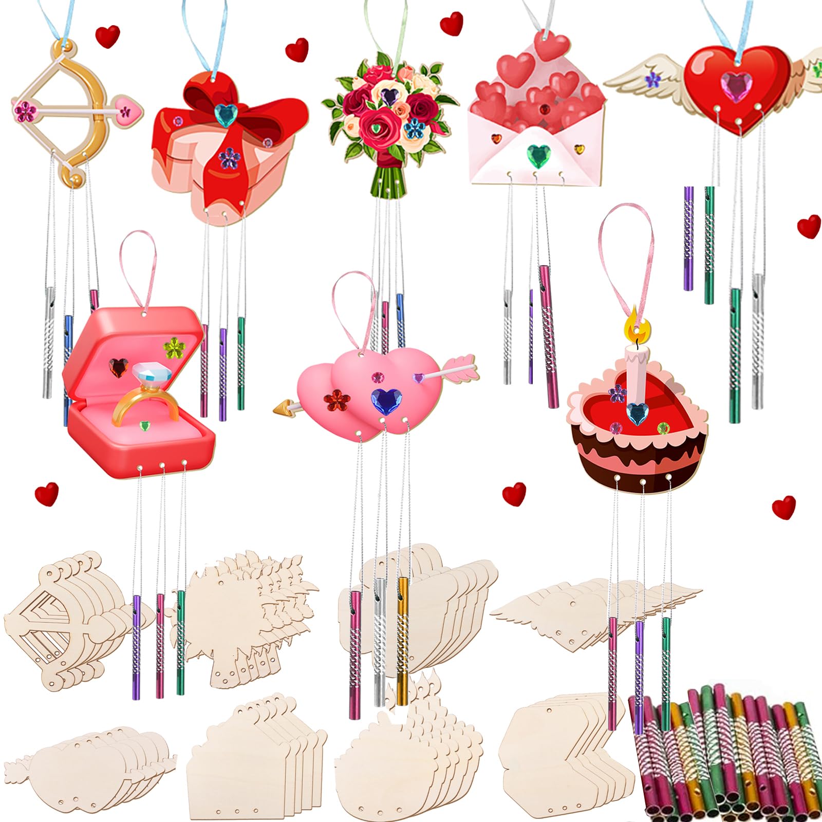 16 Pack Valentines Day Wind Chime Craft DIY Wind Chime Kit for Kids Adults Valentines Day Wooden Craft Supplies with Tube Rope Diamond Stickers for Valentines Party Favor Classroom Art Activity
