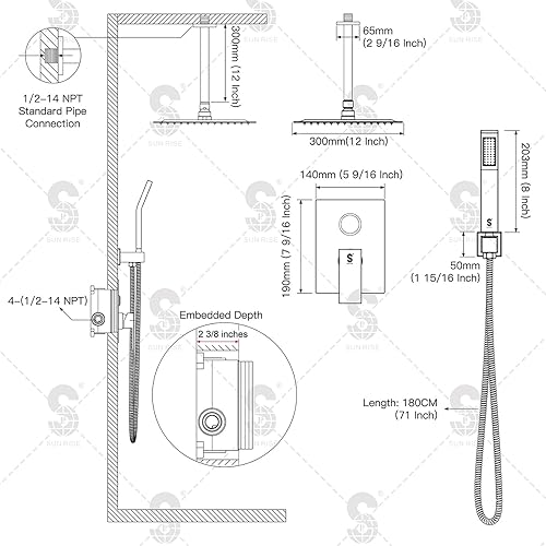 Miniatura 7 de SR SUN RISE Sistema de ducha montado en el techo de 12 pulgadas, mezclador de lluvia, sistema de cabezal de ducha de lluvia, dorado cepillado, Oro