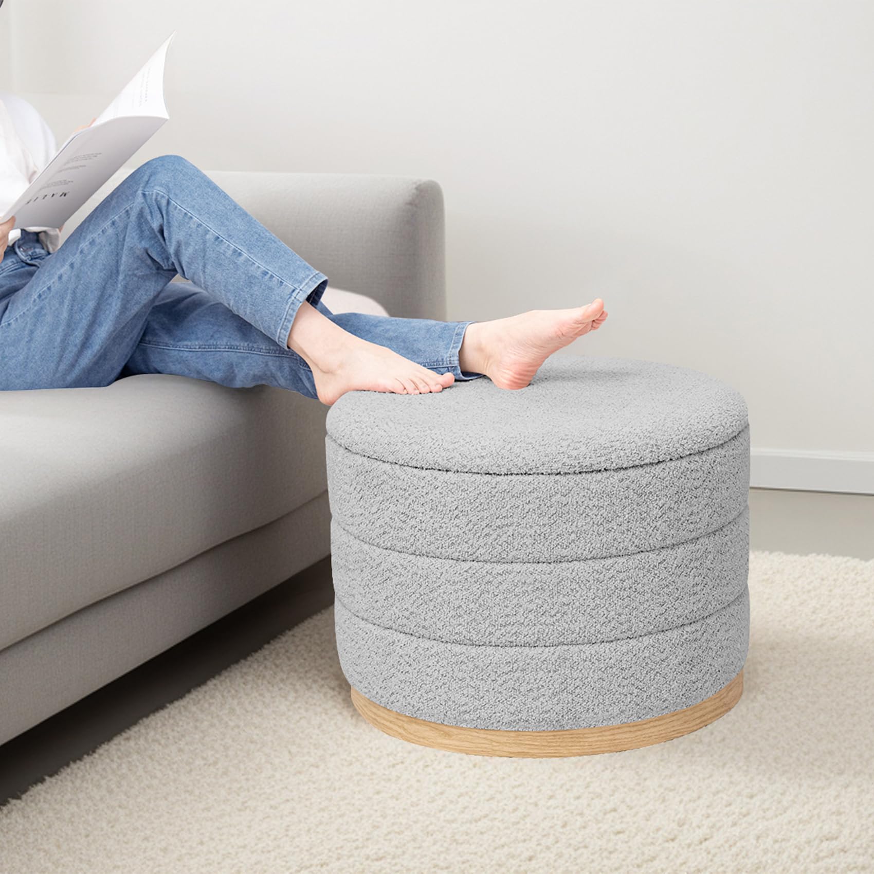 PINPLUS Runder Chenille Sitzhocker mit Stauraum, 2-in-1 Couchtisch & Fußhocker, klappbarer gepolsterter Hocker für Wohnzimmer, Schlafzimmer & Flur, 58 x 58 x 44 cm, Silbergrau