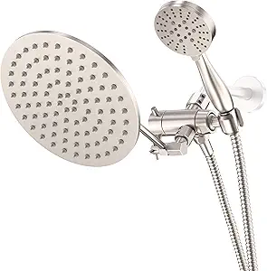Solid Metal 3-Spray Dual Shower Head Combo with 12 Inch Adjustable Arm Extension, Brushed Nickel | Hand Held Shower Head with Hose, 8 Inch Rainfall, 3-Way Diverter and Shower Arm Extension