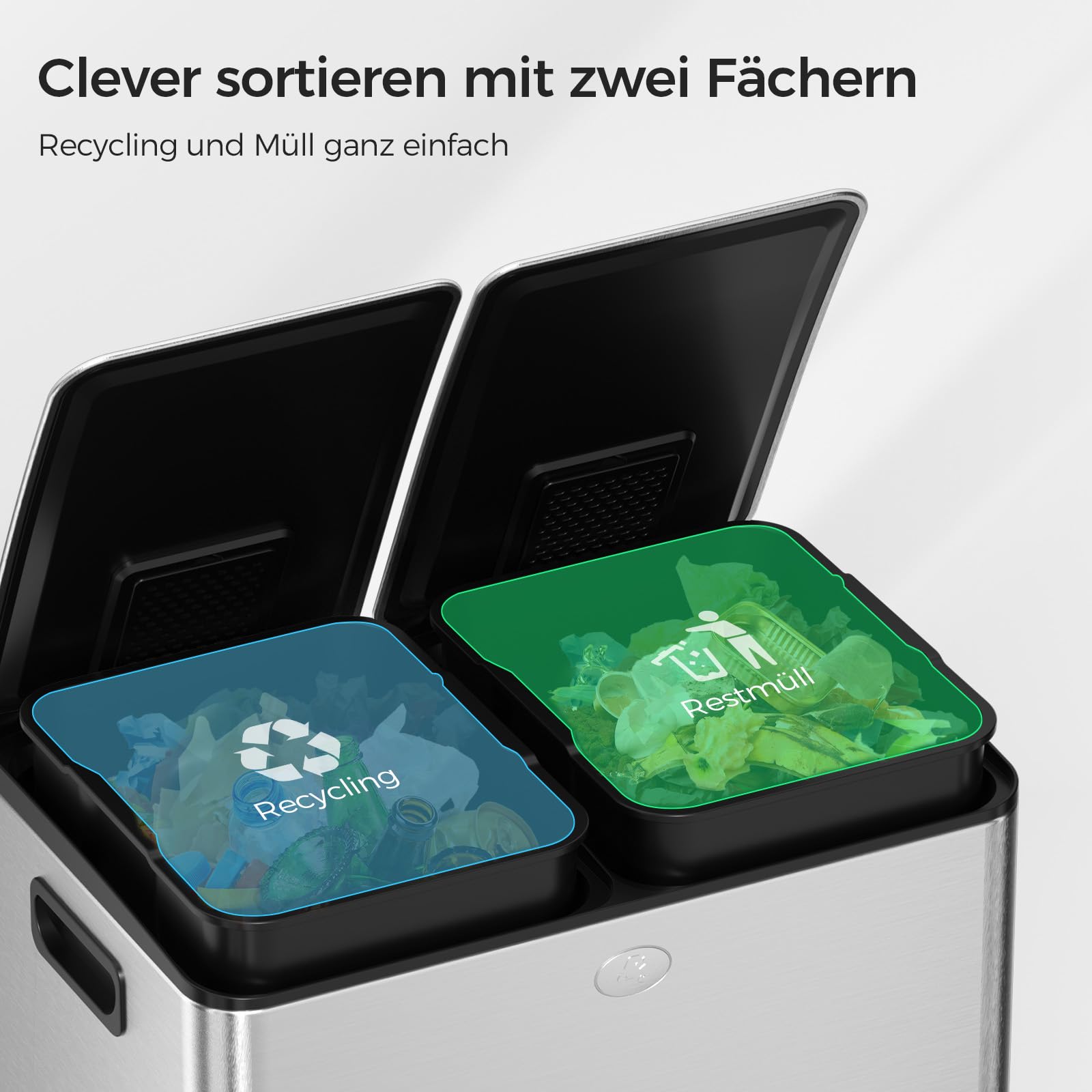 YASHE Mülleimer 2 Fächer mit Deckel, 2x30L Mülleimer Küche, Tretmülleimer Edelstahl mit 20 Müllbeuteln, Herausnehmbaren Inneneimern, Soft-Close