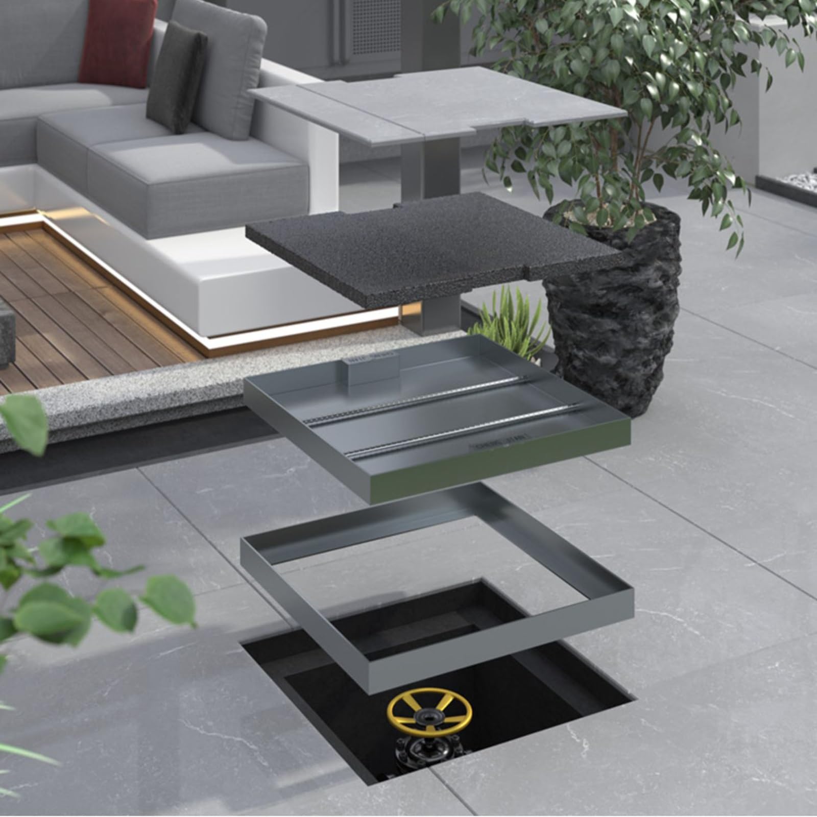 Chiusino E Telaio Invisibili in Acciaio Inox ，Chiusino Con Maniglia Nascosta，coperchio per fossa settica quadrata incassata，Chiusini Invisibili per vialetti d'accesso(A,60*60cm/23.6*23.6in)