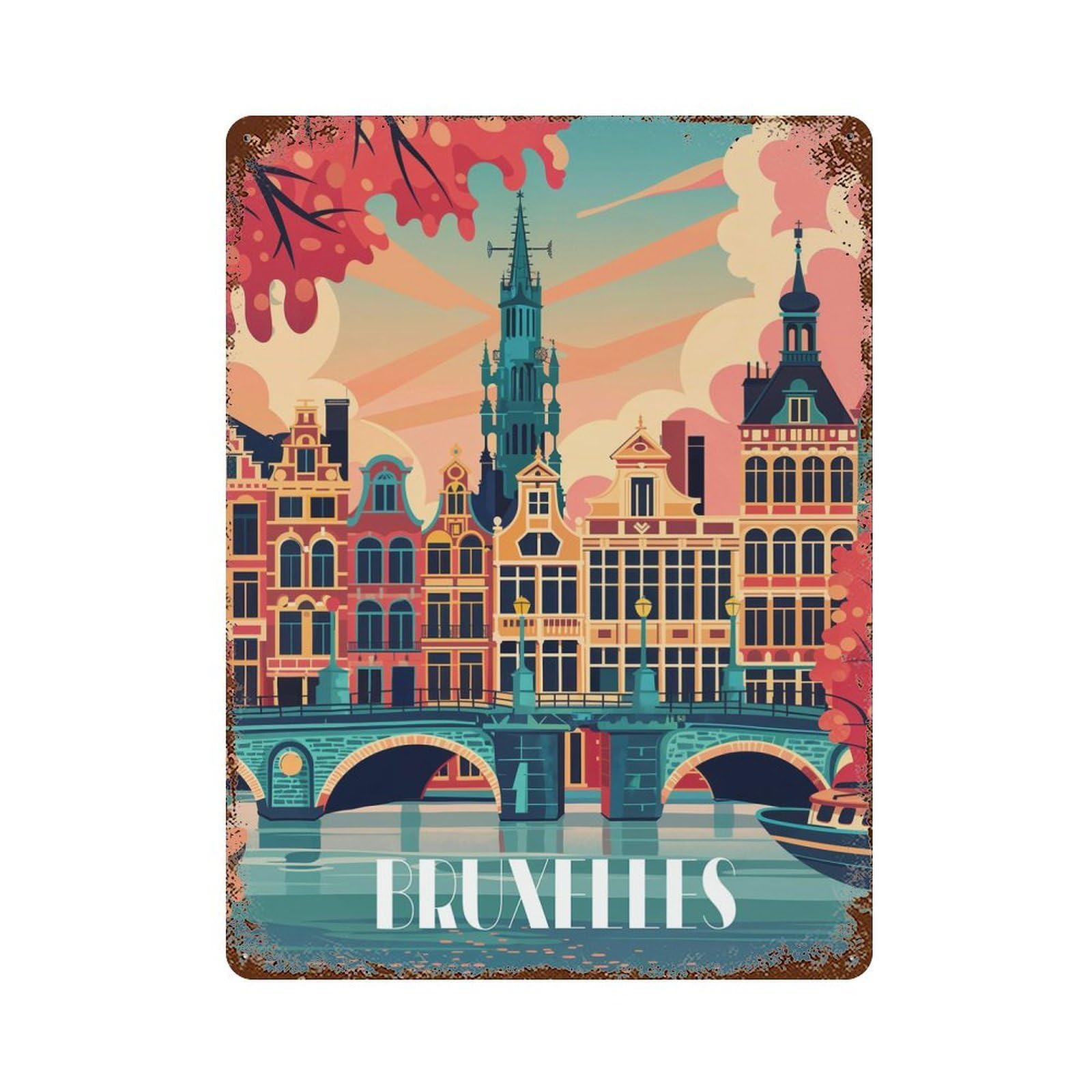 Distressed Metal Wall Sign Brussels Charm 15.7"x11.8", Decorative Metal Wall Art for Farmhouse, Kitchen And Entryway Decor