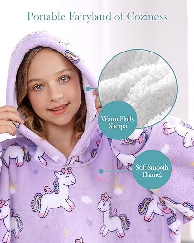Miniatura 9 de Topblan Manta con capucha para niños, niñas, niños y adolescentes, manta de franela y sherpa de gran tamaño con bolsillo y mangas en la capucha,