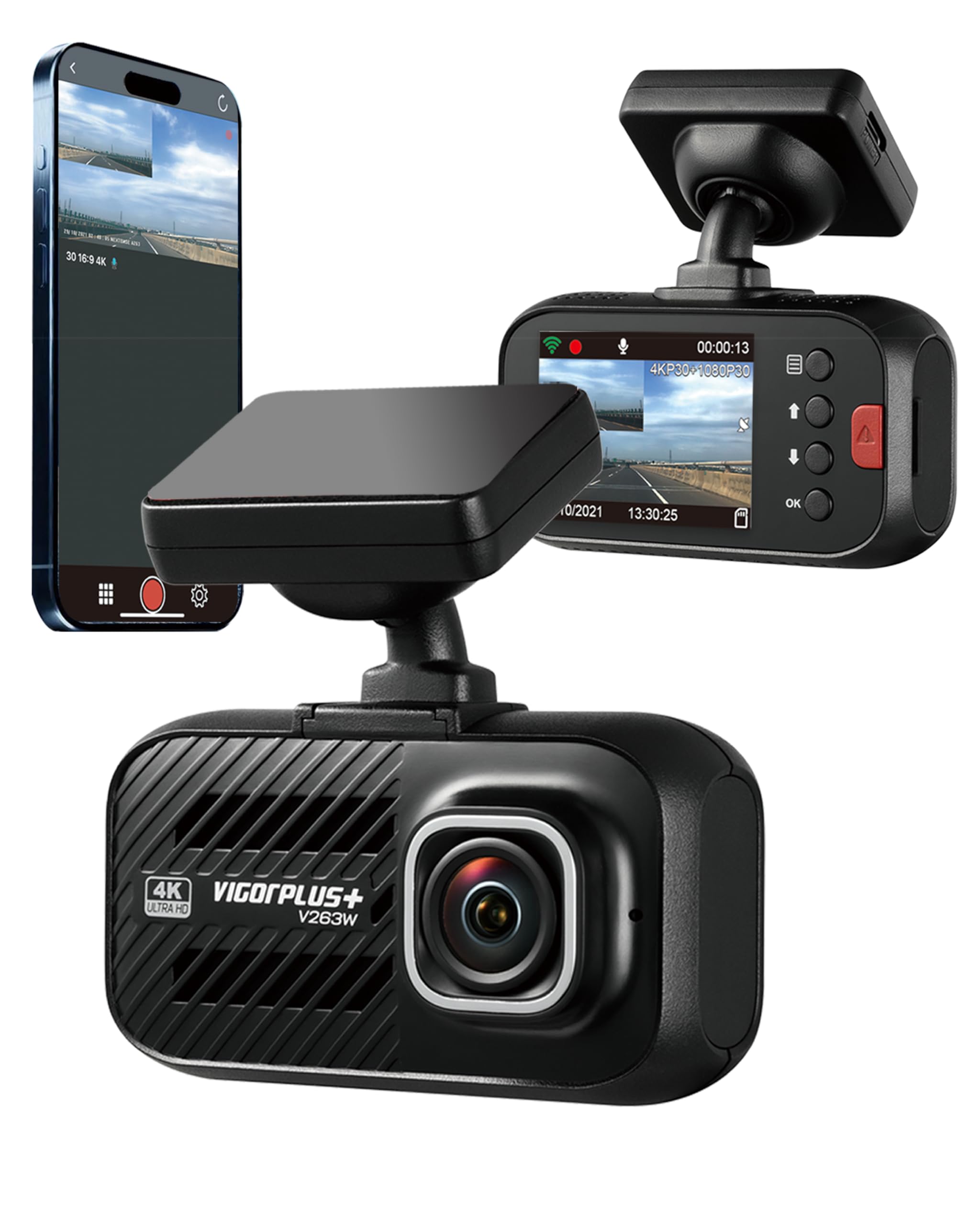 VIGORPLUS V263W 4K Dash Cam with WiFi and GPS, Sony STARVIS Sensor, 140° Wide Angle Front Car Camera, Super Night Vision, Parking Monitor, Loop