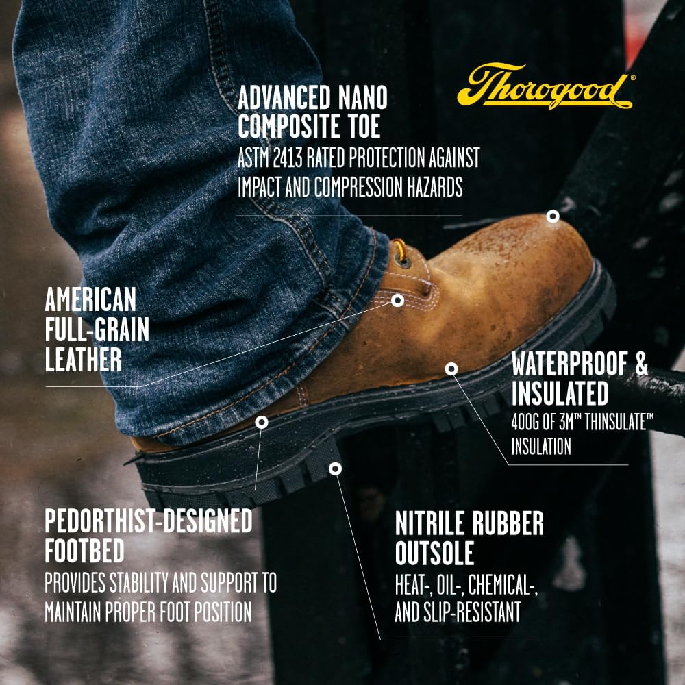 Thorogood 8” Waterproof Work Boots for Men - Insulated & Safety Toe - Genesis Series - Full-Grain Leather with Comfort Insoles & Traction Outsoles - Image 4
