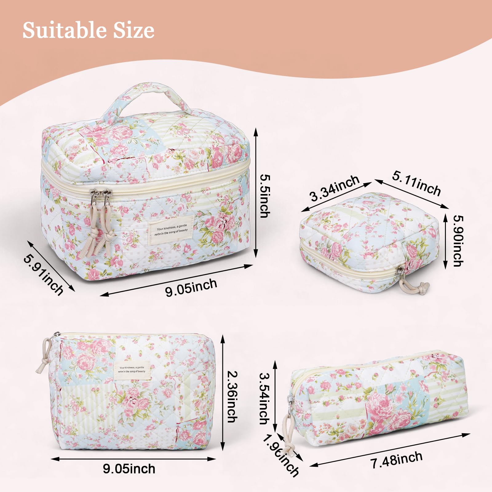 VIWIME Quilted Cotton Makeup Cosmetic Bag Travel Organizer