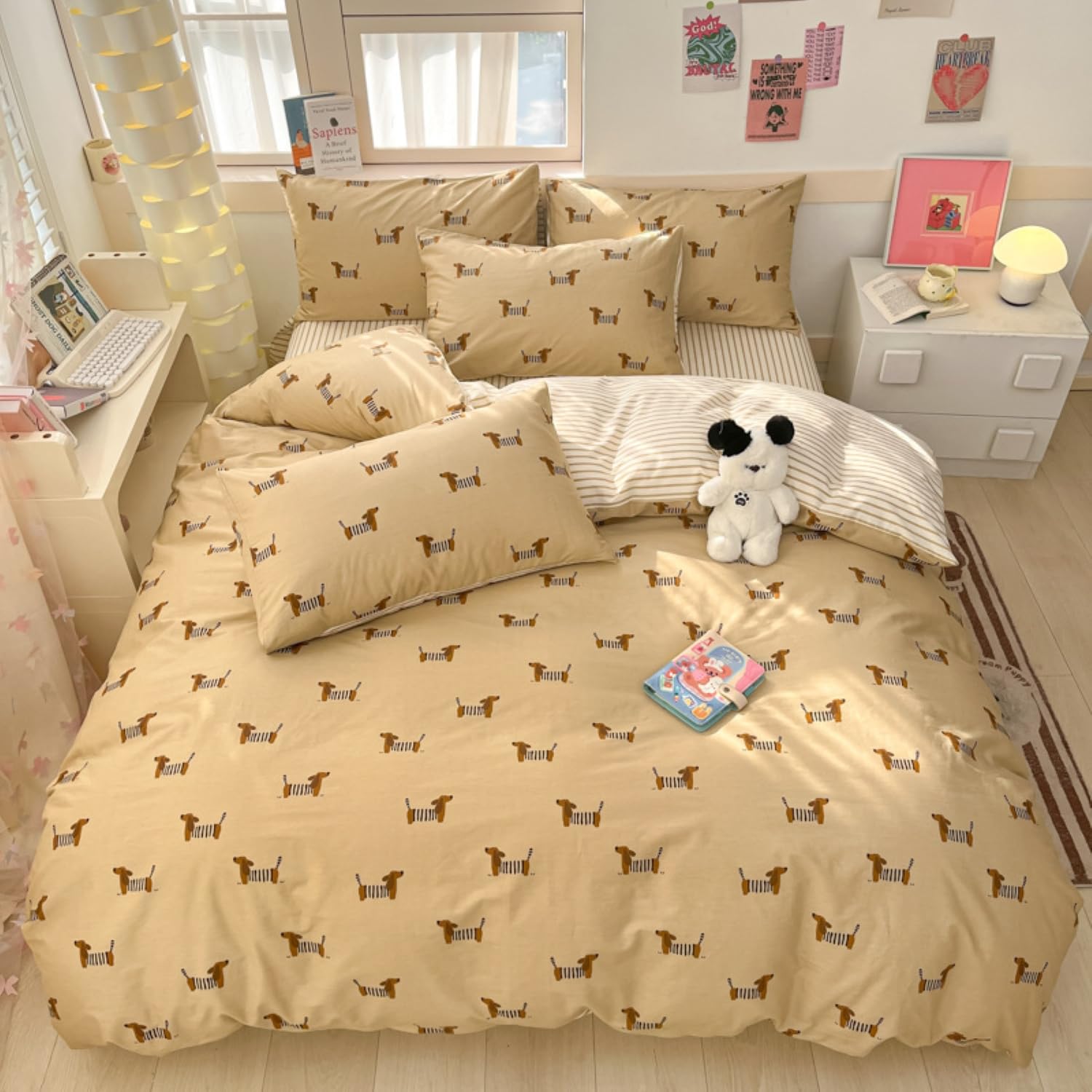 Tospass Dackel Bettwäsche 135x200cm 4teilig Khaki Gestreift Dachshund Wendebettwäsche aus Microfaser Kinder Streifen ÖKO-TEX Bettwäsche Set 2 Bettbezug mit Reißverschluss und 2 Kissenbezug 80x80cm