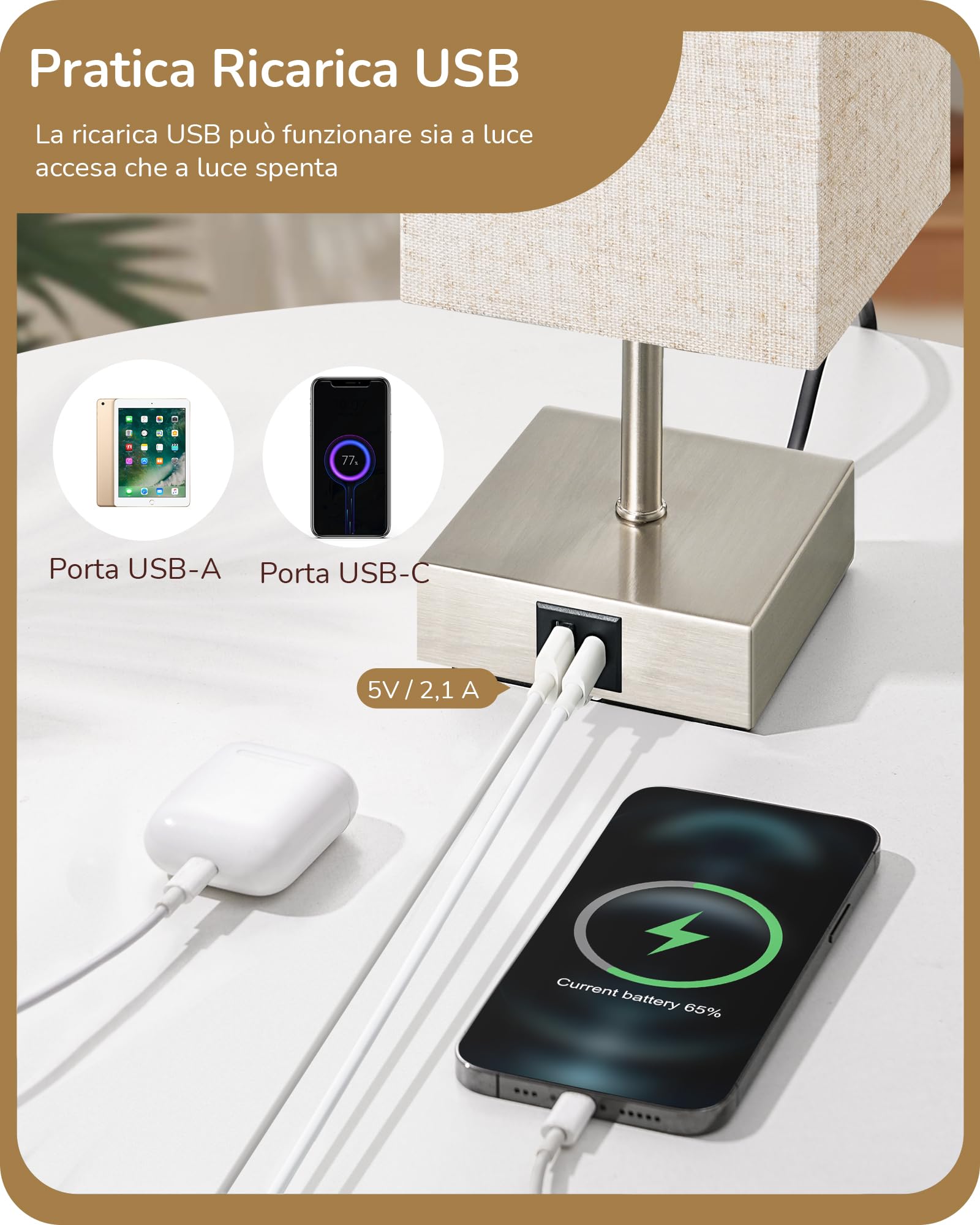 EDISHINE Lampada da comodino touch di 2, lampade da tavolo con porte di ricarica Type-C+USB-A, 3 luminosità dimmerabili, per camera da letto, soggiorno, davanzale, regalo, beige