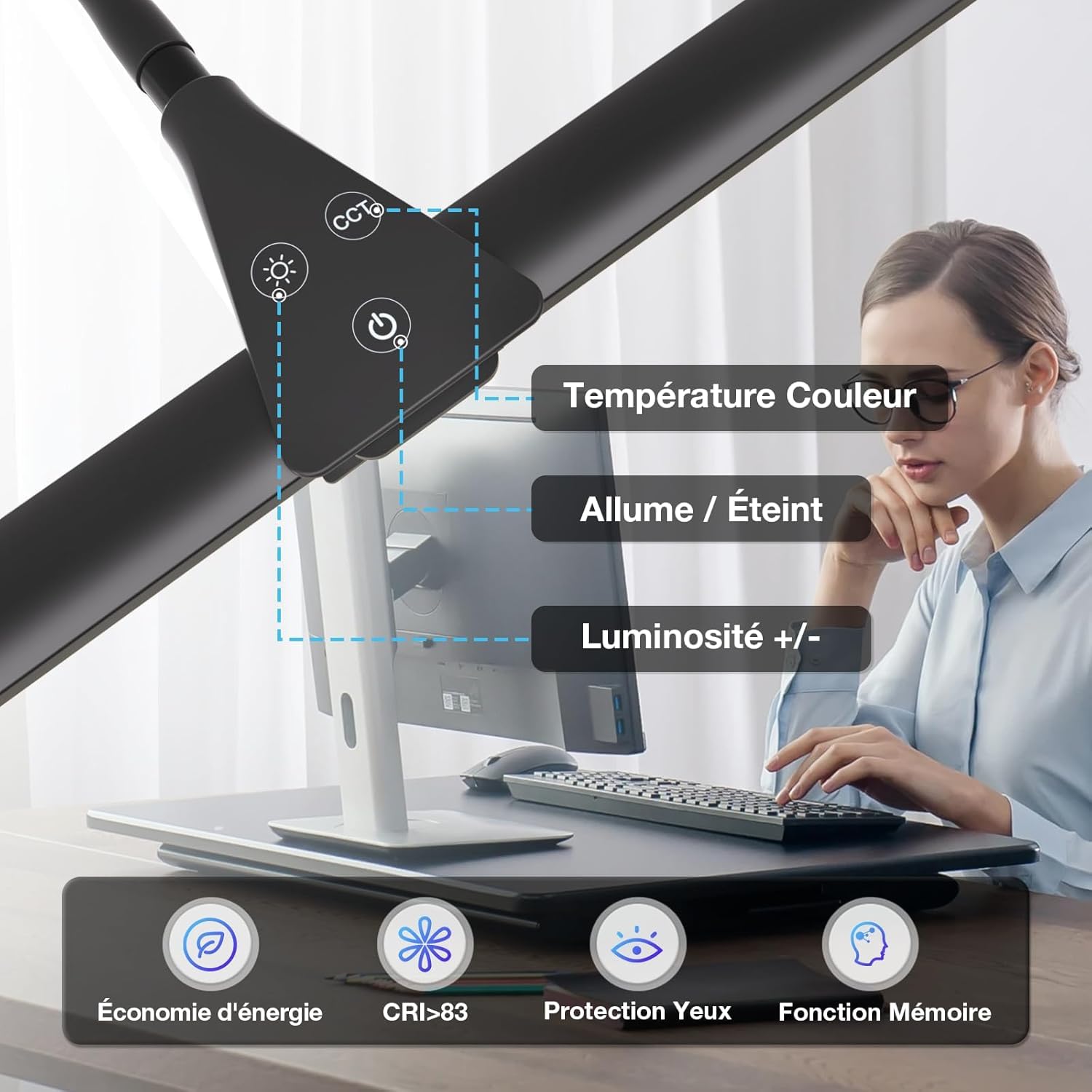 Hensam Lampada da tavolo LED potente, dimmerabile lampada a clip architetto, 5 modalità di colore, protezione occhi luce scrivania touch controllo per PC lavoro, studio, nero