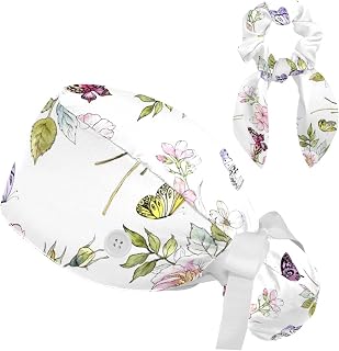 FVQL Set of 2 Bouffant Caps with Hairband Surgical Caps Scrub Cap, Floral Flower and Butterflies