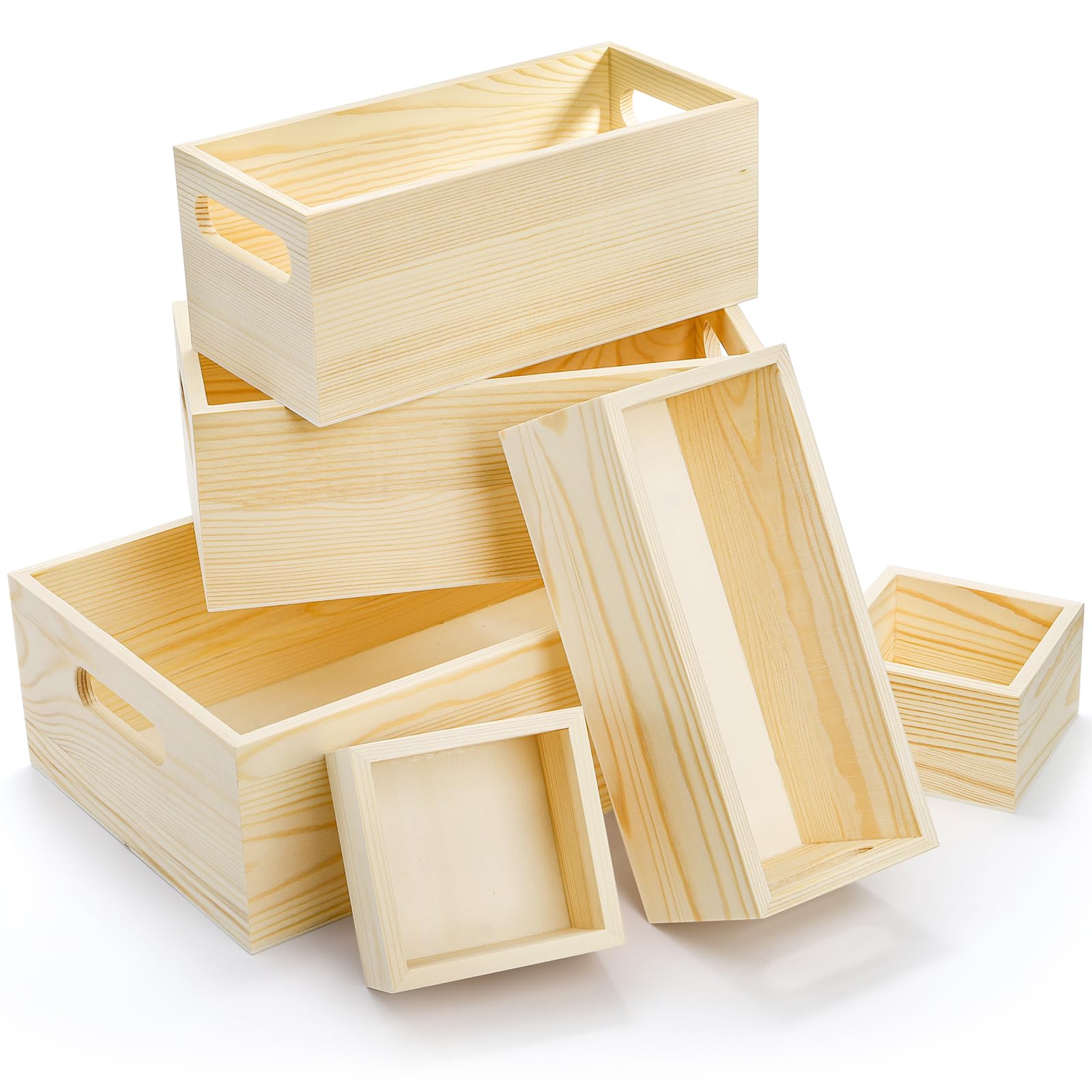 Frcctre 6 Pack Unfinished Wooden Box, 5 Sizes Natural Pinewood Nesting Storage Organizer Container Crafts Box with Handle Rustic Treasure Boxes for