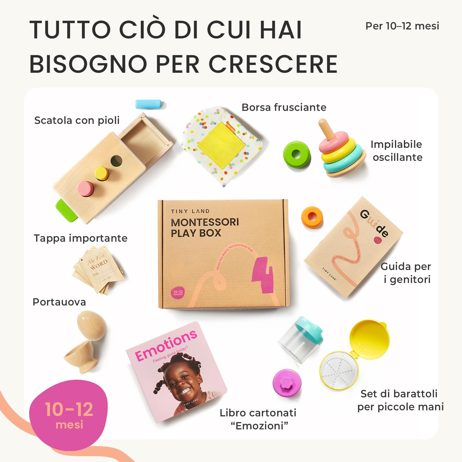 Tiny Land Set di Giocattoli Montessori 5 in 1 per Bimbi di 10-12 Mesi | Giocattoli Educativi di Legno con Impilatore Oscillante, Divisore di Uova, Set di Scatole e Borsa Arrugata
