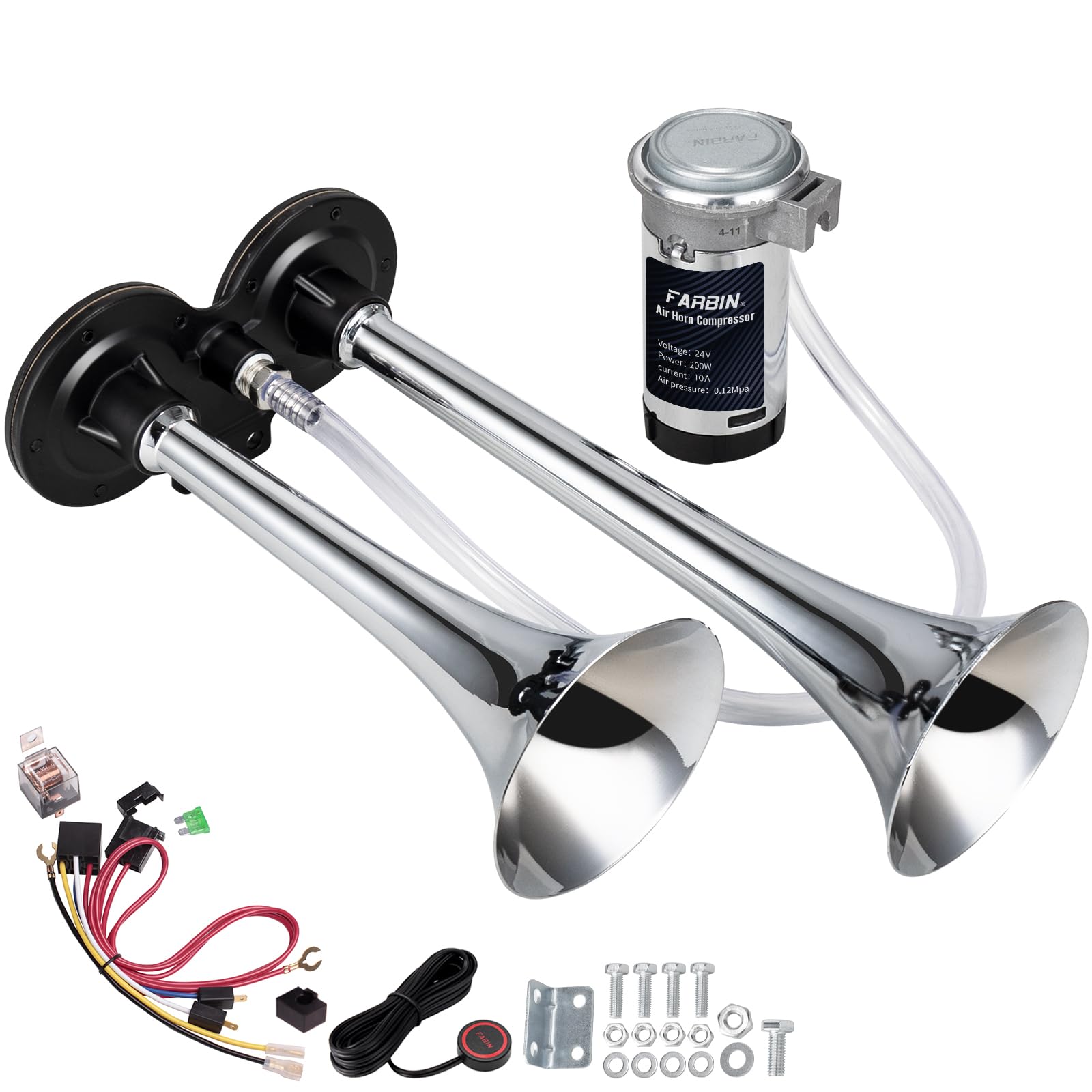 Photo 1 of FARBIN Air Horn 24V Super Loud Car Horn, Chrome Zinc Dual Trumpet with Compressor, Wire Harness and Switch, for Any 24V Vehicles Trains Boats Vans Buses