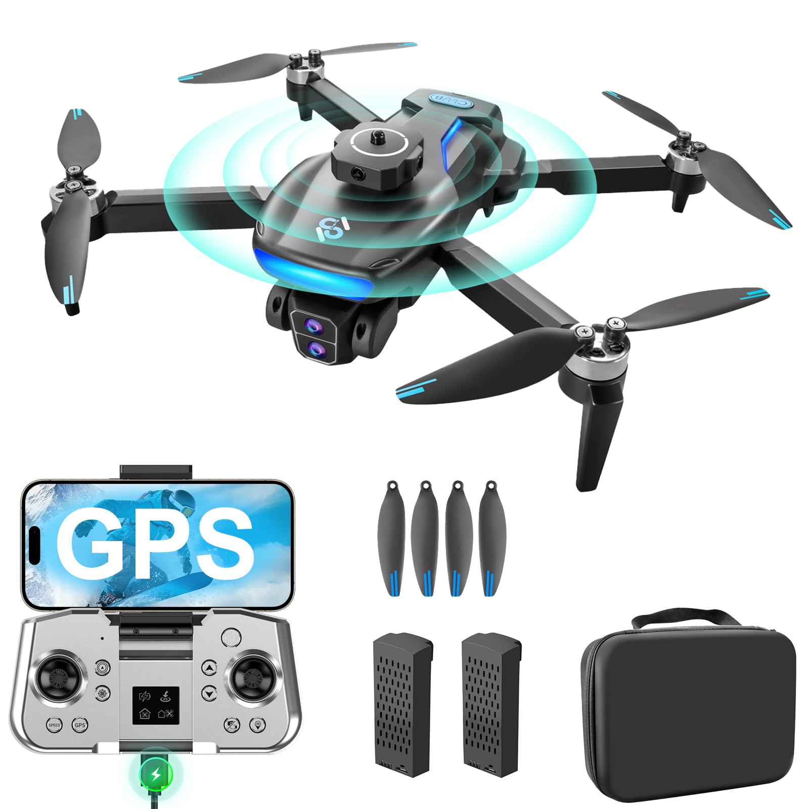 OBEST GPS Drone con cámara 4K, 5G WIFI FPV plegable RC Quadcopter, Motor sin Escobillas, 360 ° para Evitar Obstáculos, Retorno Inteligente, RC Grip Recargable, 2 Baterías 40 Minutos
