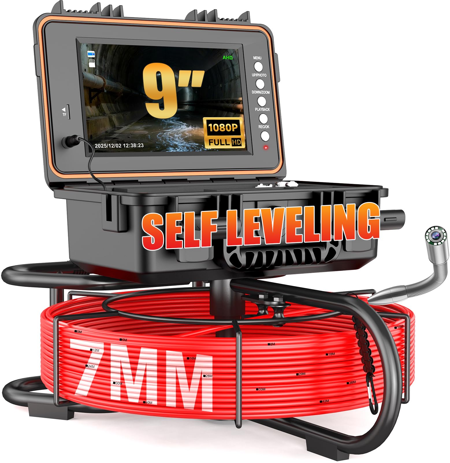 PRANITE Self-Leveling Sewer Camera with Metre Marking, 165ft Cable 7MM Thicker Dran Camera, 9'' IPS Screen w/DVR, 5100mAh Rechargeable Battery for