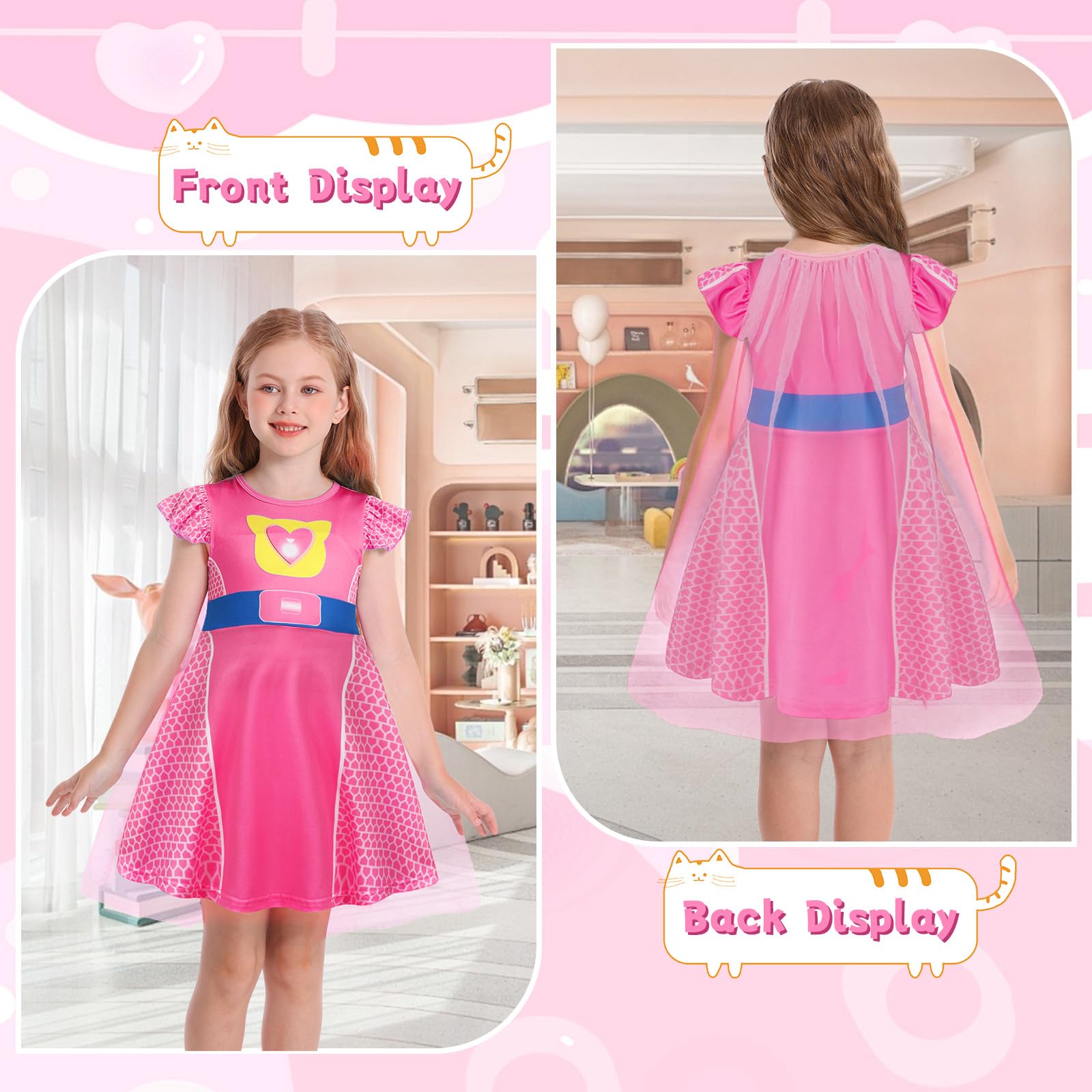 Marendyee Christmas Costume Kids-World Book Day Costumes Children's Fancy Dress up,Little Girls Pink Princess Party Dress with Cat 3D Print,Theme Party Cosplay Outfit and Mesh Cloak 9-10 Years - Image 2