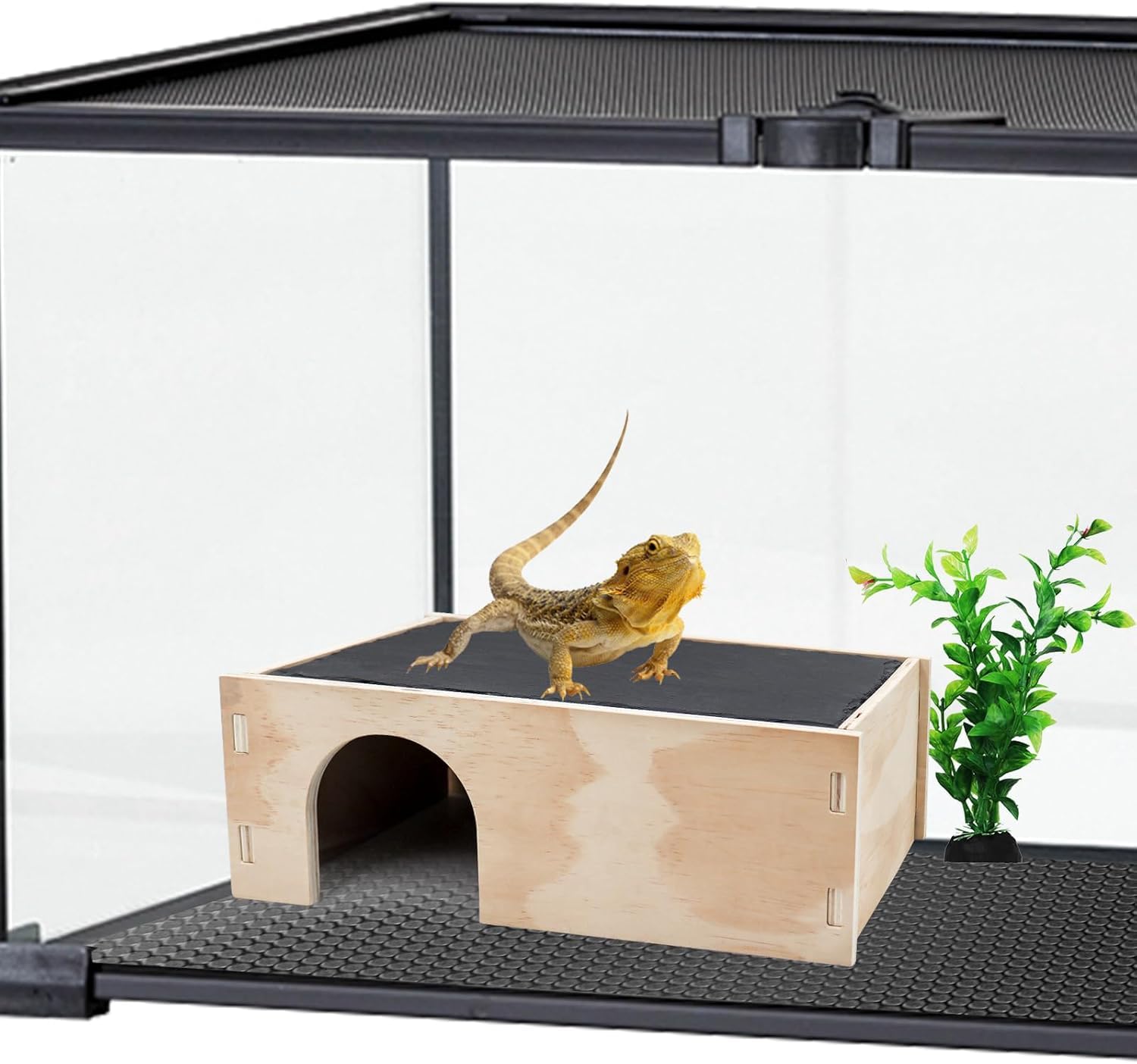 2-in-1 Bartagamen-Sonnenterrasse mit Versteck, Schiefersteine für Reptilien mit Basis, Verstecke und Höhlen für Leopardgeckos, Terrarien-Zubehör für Bartagamen, Geckos, Ball-Pythons, Schildkröten