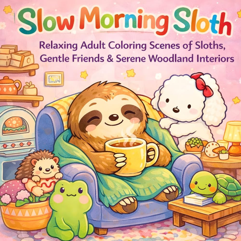“Slow Morning Sloth Coloring Book for Adults : Cozy Forest Cottage Coloring Book”: “Relaxing Adult Coloring Scenes For Stress Relief and Calm Mind ... Gentle Friends & Serene Woodland Interiors”