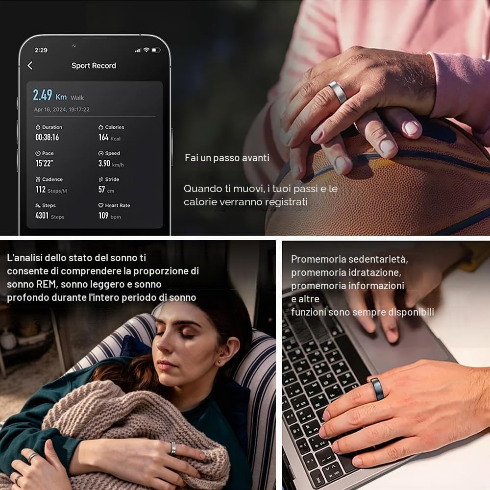 Smart Ring Multiple Modalità di Esercizio Impermeabile con iOS/Android | Monitoraggio Attività Monitoraggio Salute 5 ATM Impermeabile Monitoraggio del Sonno Anello Collegato