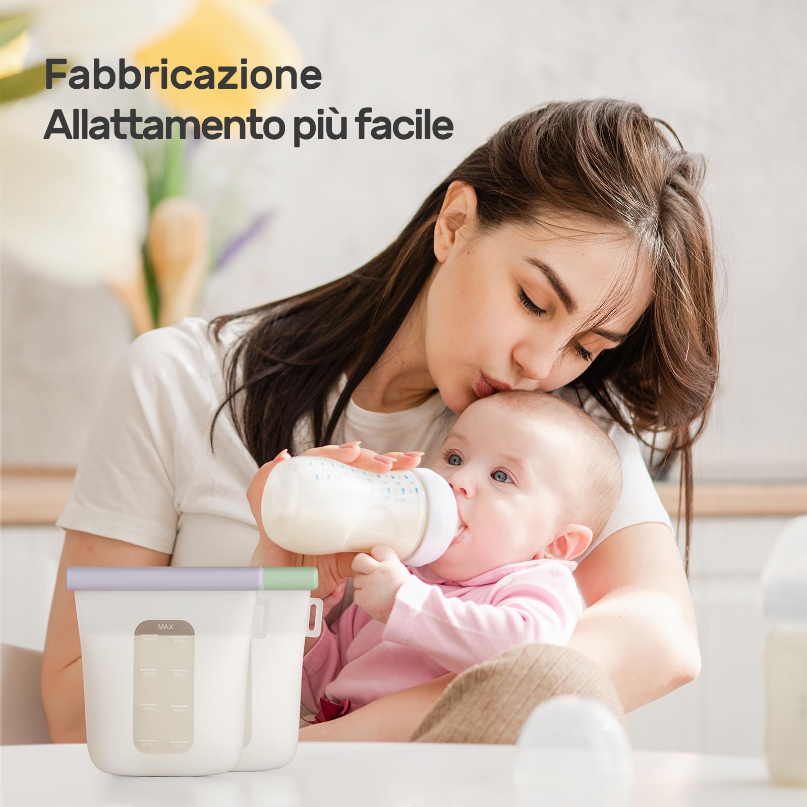 Nuliie 7 pezzi riutilizzabili contenitori latte materno, 8oz/240ml a prova di perdite, sacchetti latte materno in silicone alimentare per l'allattamento al seno, BPA Free, doppio sigillo, autoportante