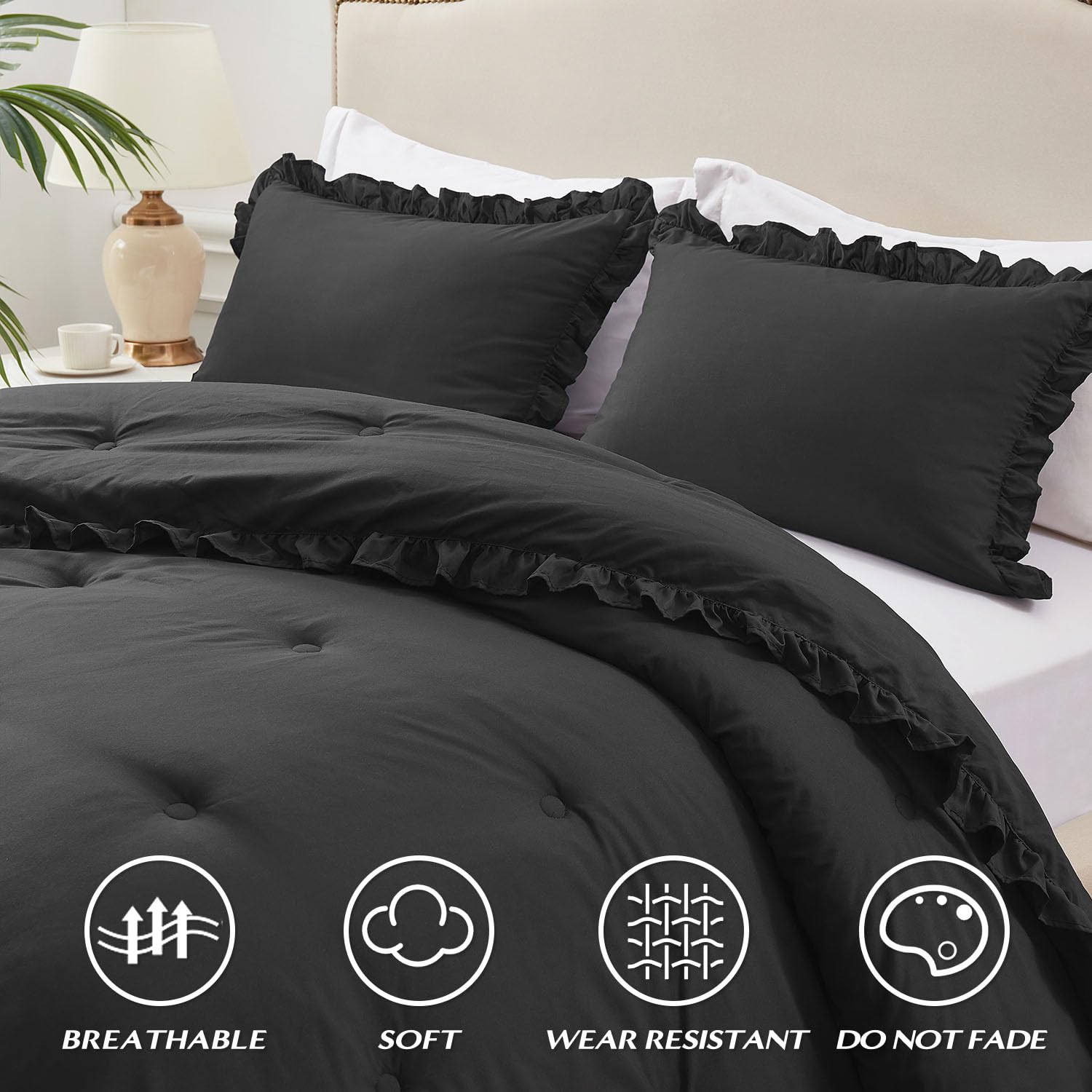 HARBOREST Lightweight 2 Pieces Black Ruffle Bed Set Vintage Farmhouse Soft Comforter Set Twin with 1 Pillow Shams(Twin/Twin XL, 66x92 inches, Black): Black Queen