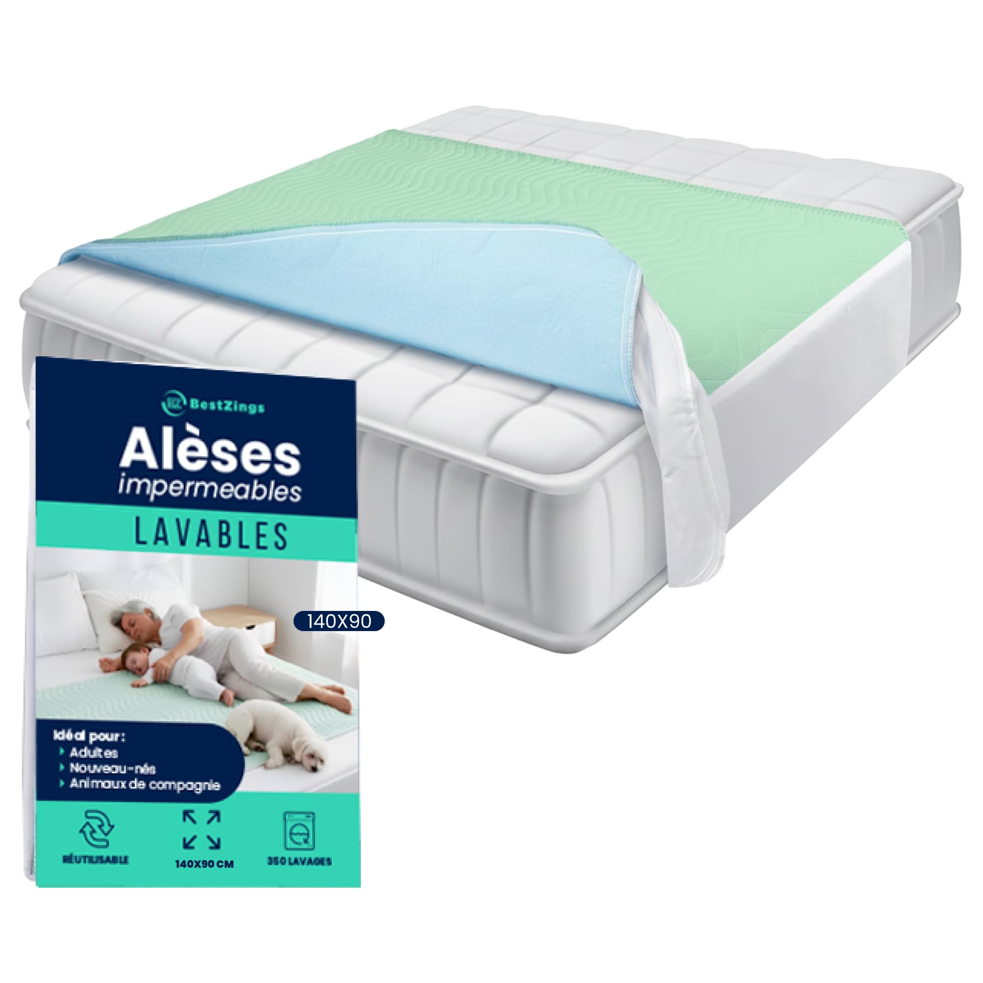 Alèse Lit Adulte Bébé Protection Matelas Imperméable Lavable Pipi Stop Tapis à Langer Jetable Alèse avec ailettes Protection Lit Absorbante 140x90 Pack 1