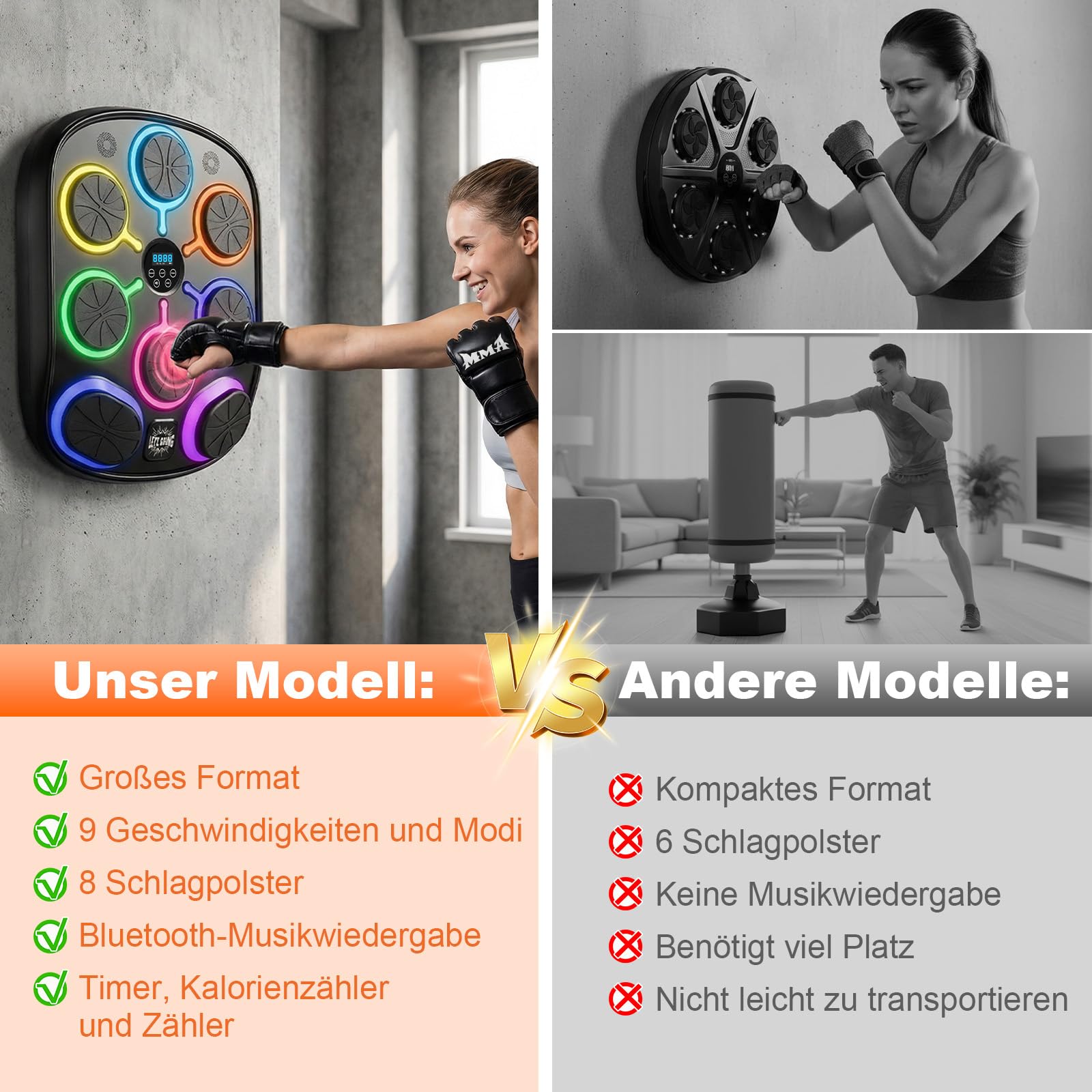 Musikboxmaschine mit Handschuhen, Wandmontage Smart Punching Target mit Bluetooth, 9 Musik-/Lichtmodi, Kalorienzähler, hochschlagfester PU-Schaum für Heim-Fitnesstraining