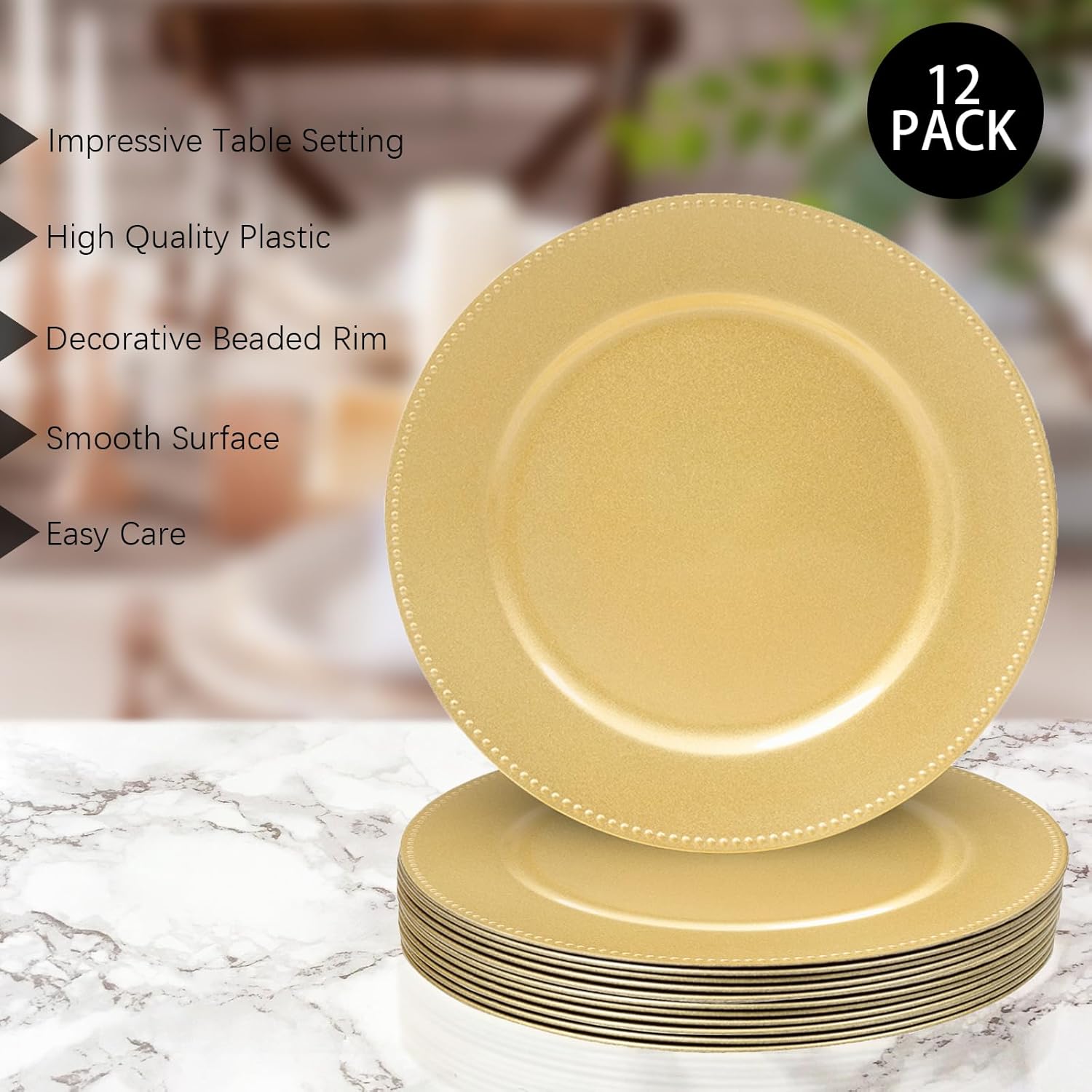 MAONAME 13" Gold Charger Plates Set of 12, Round Charger for Dinner Plates, Plate Chargers with Beaded Rim, Plastic Table Chargers for Wedding, Party