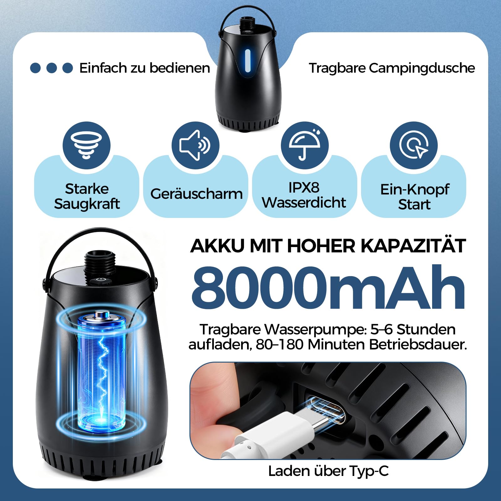 Campingdusche Tragbare, 8000mAh Camping Dusche mit Pumpe, Outdoor Mobile Dusche mit Smart Display Duschkopf und Schlauch für Camping Garten Auto Reisen Haustier