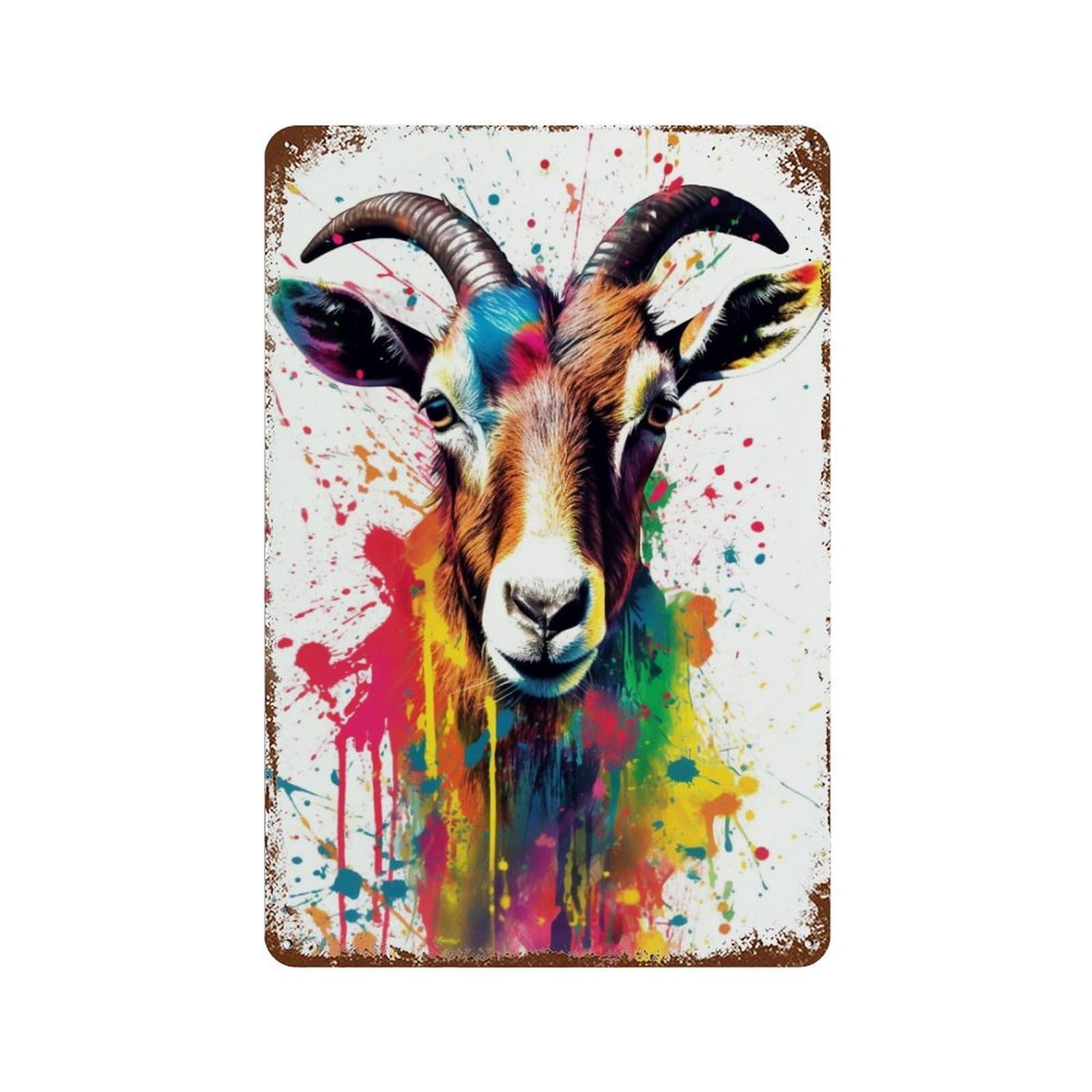 Colorful Goat Art Print Rusty Metal Tin Sign 11.8"x7.9", for Farmhouse, Kitchen And Entryway Decor, Rustic Home Decor
