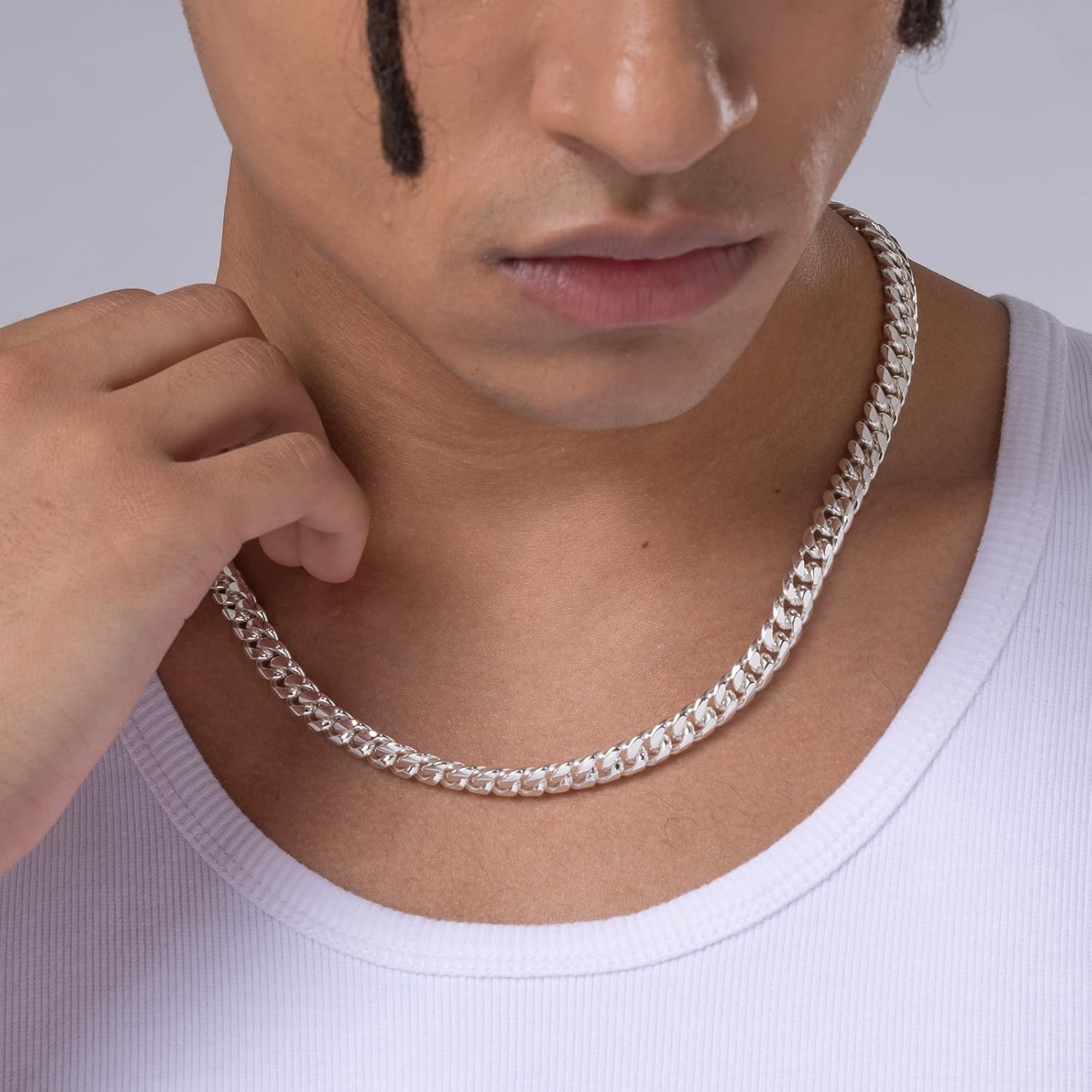 KRKC&CO Necklace Chain for Men, 925 Sterling Silver Plated and 316l Stainless Steel, 8/12mm Miami Cuban Link Necklaces Jewelry, Gift for Him Husband Dad, Cadena Plata