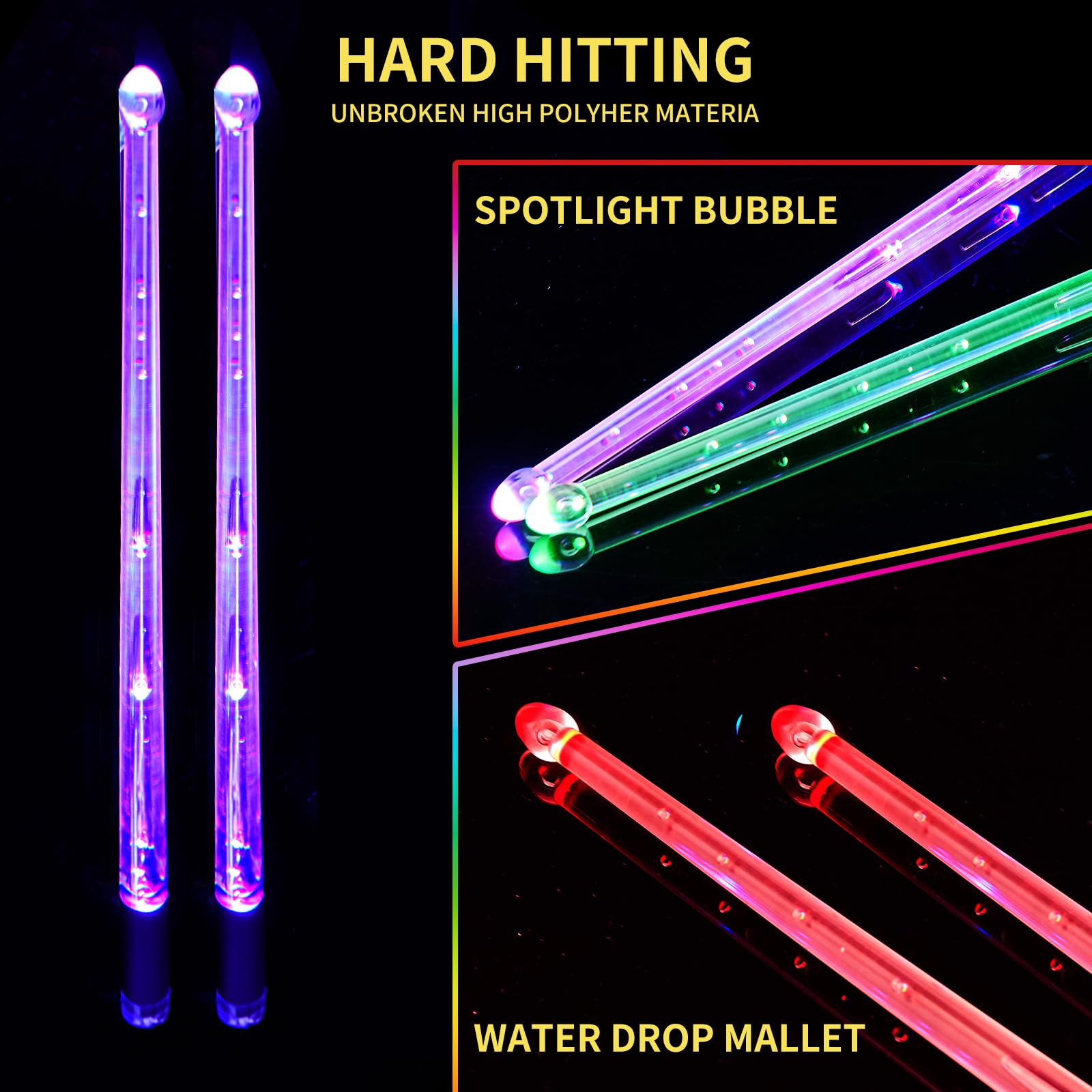 Baquetas recargables de 15 colores cambiantes, baquetas LED que brillan en la oscuridad para niños, accesorios de batería iluminados, regalos de batería en el escenario 4
