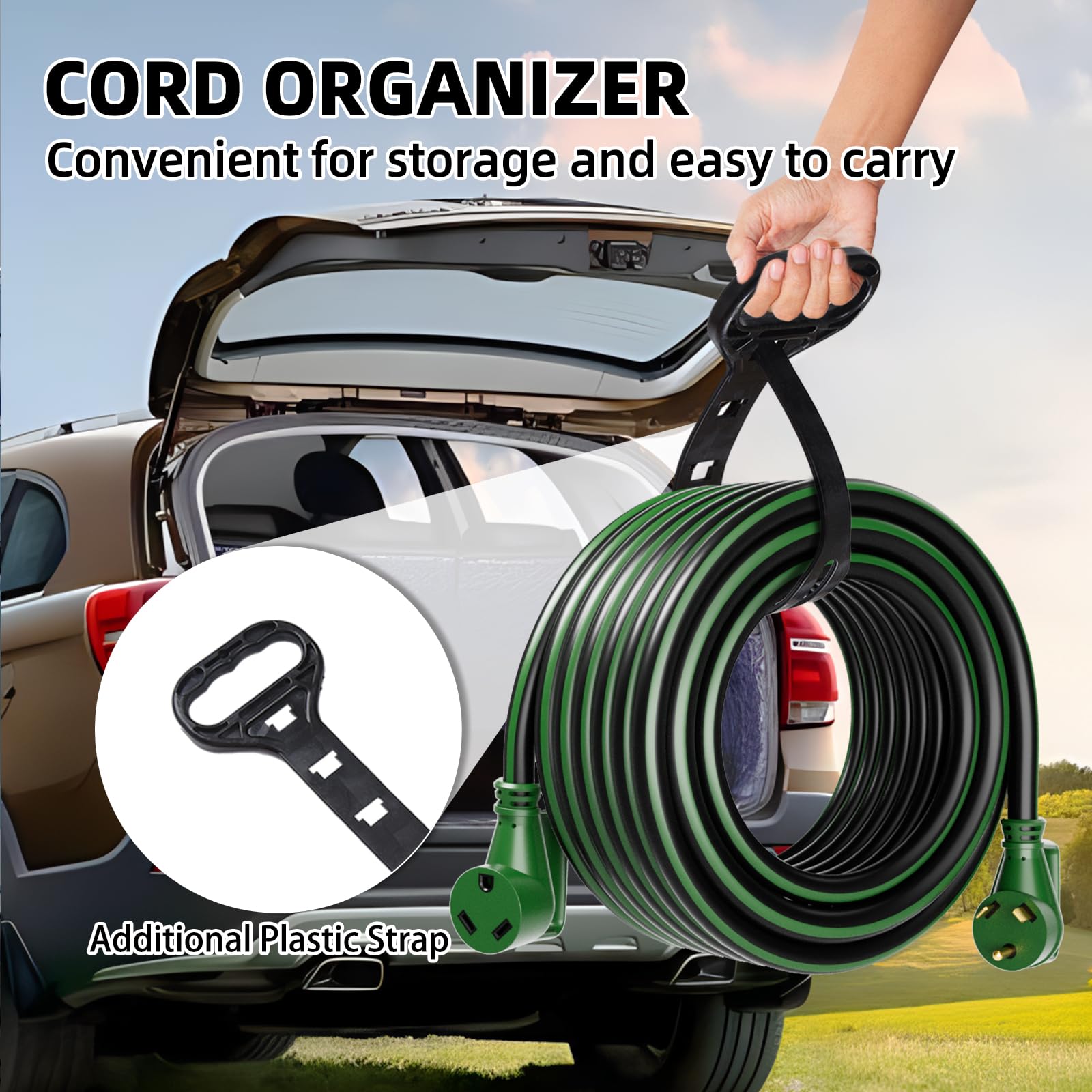 Cable de extensión para RV de 30 amperios, 50 pies con mango de agarre, calibre 10 resistente, cable STW, de cobre puro, para RV, NEMA TT-30P/R con organizador de cables para caravanas,