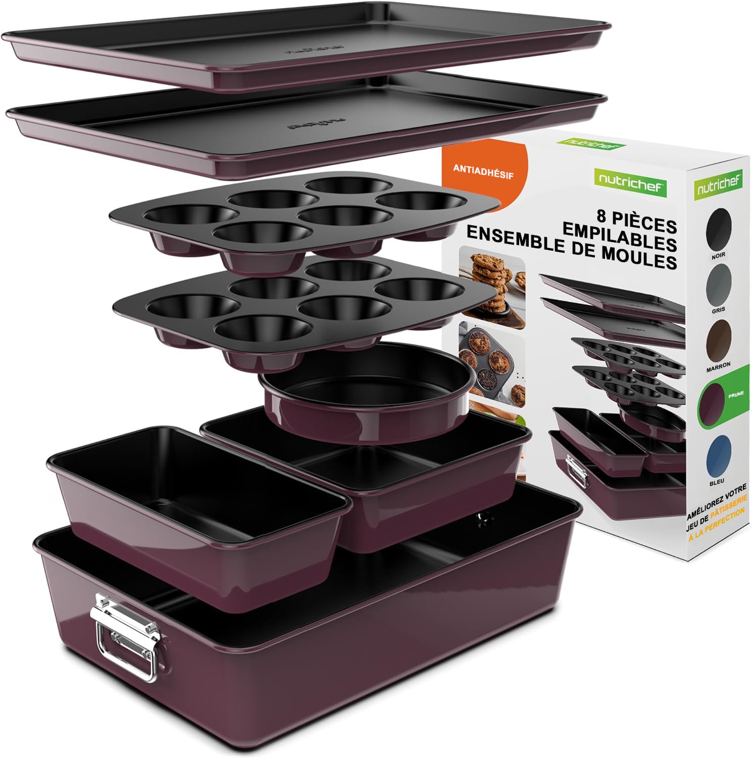 NutriChef Ensemble de Moules à Pâtisserie Antiadhésifs Empilables en 8 Pièces - Ensemble de Plaques de Cuisson Sans PFOA, PFOS, PTFE avec Revêtement Antiadhésif- Kit de Pâtisserie (Prune)
