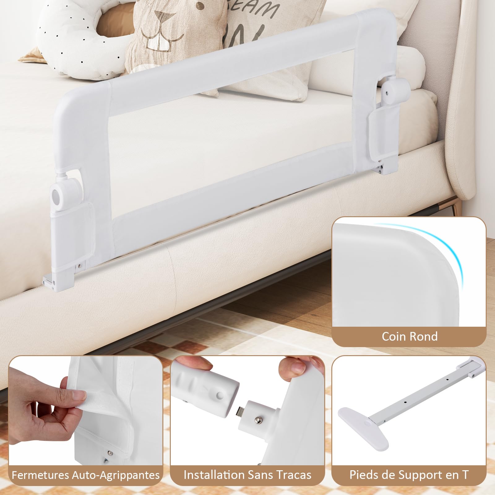 DREAMADE Barrière de Lit Pliable pour Bébé, Barrière de Protection pour Bord de Lit, Rail de Lit Protection pour Enfants, 105CM/120CM/150CMX40CMX42CM, Blanc/Gris/Bleu (Blanc, 105 CM)