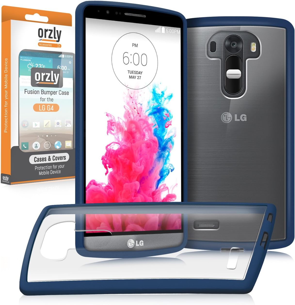 Orzly LG G4 Case, Fusion [Anti-Shock] Bumper Case for LGG4 (2015 LG-G4 Model Smartphone) - Protective Hard Back Cover with Impact Absorbing Edges - 100% Clear Back with Blue Rim