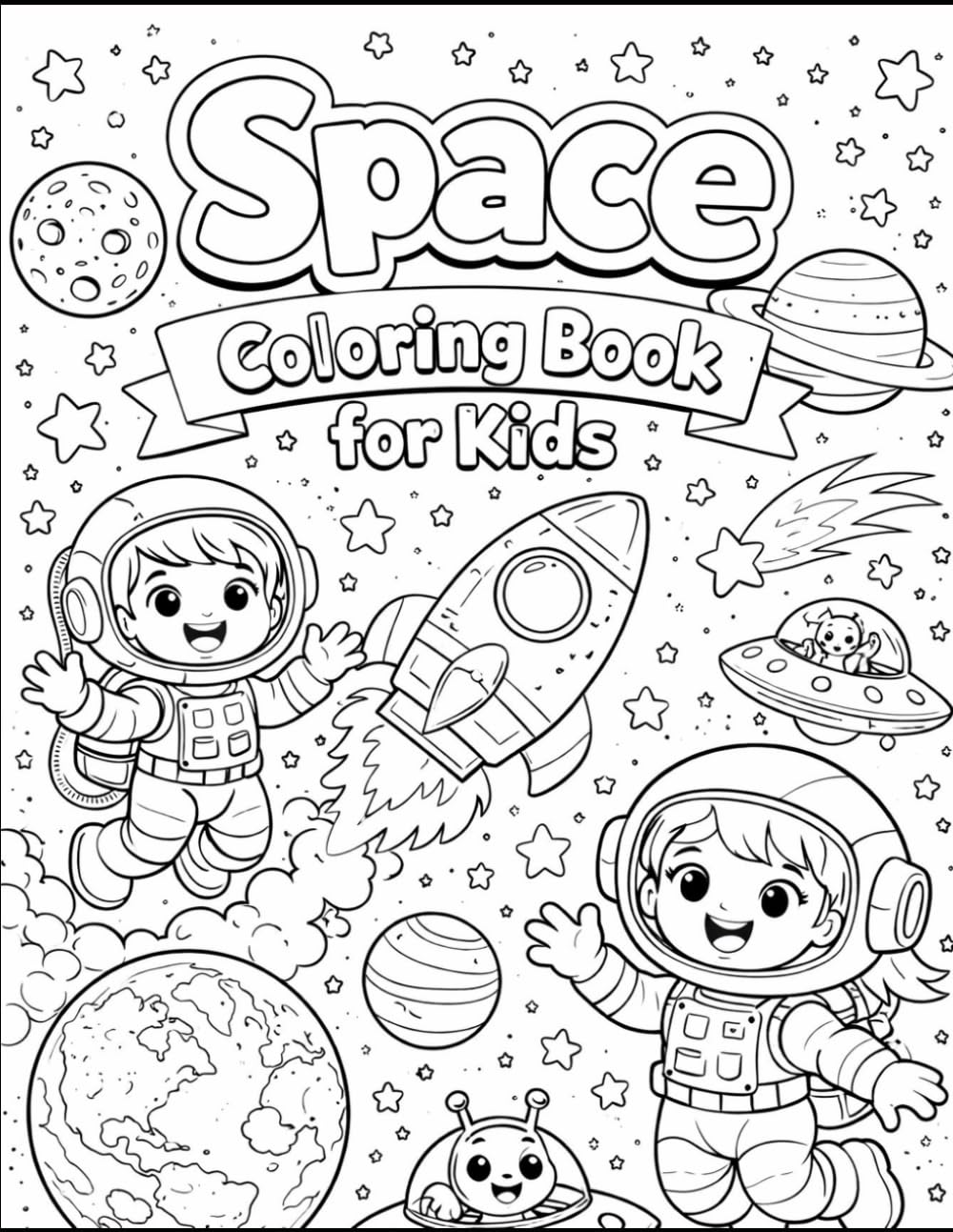 Endless Space Colouring Book With Crayons: Black and White Space Coloring Pages for Kids, Teens and Adults | Planets, Rockets, Astronauts, Galaxies, Stars, Aliens and Cosmic Fun
