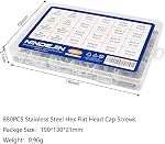 NINDEJIN 880 PCS M2 M3 M4 M5 Stainless Steel Hex Socket Flat Head Screw Bolts Nuts and Washers Assortment Kit with Allen Key