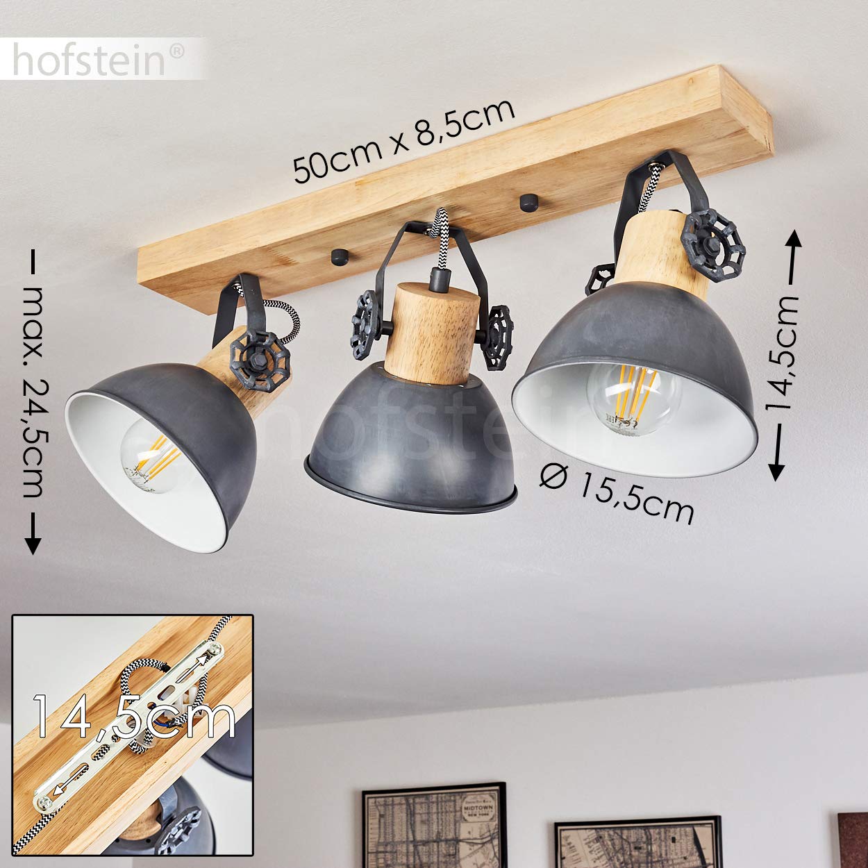 HOFSTEIN Deckenleuchte Orny, verstellbare Deckenlampe aus Metall/Holz in Grau/Weiß/Natur, moderne Leuchte im Industrial/Retro/Vintage-Design, 3 x E27, Wohnzimmer, Esszimmer, Schlafzimmer, Küche