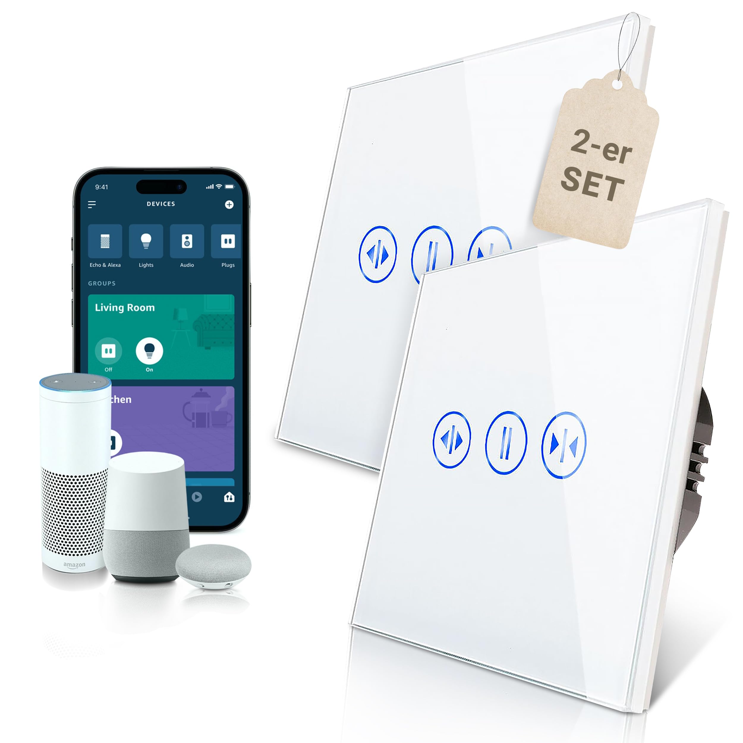 PULSAR Set di 2 interruttori per tapparelle Wi-Fi, compatibili con Alexa, Google Home, vetro bianco, interruttore per tapparelle WiFi Smart da incasso, 1 volto, interruttore per tapparelle WiFi Touch