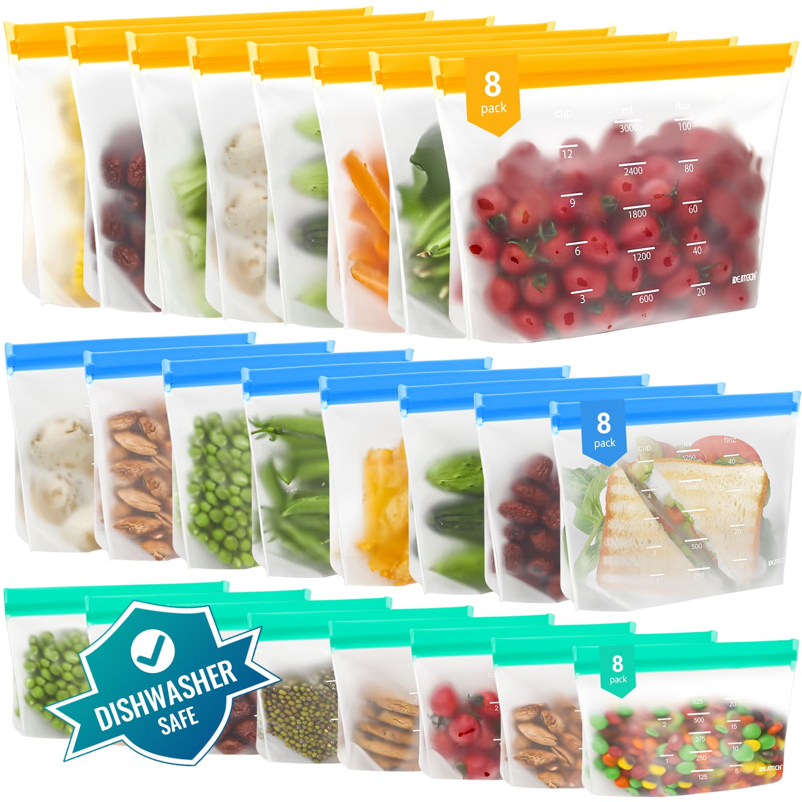 Amazon.com: Dishwasher Safe Food Storage Bags Stand Up, 24Pack Reusable ...
