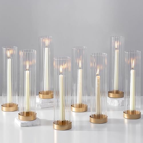 Hewory Portavelas de cristal de huracán juego de 8 candelabros dorados con cubierta cilíndrica transparente de 11 pulgadas de alto, portavelas