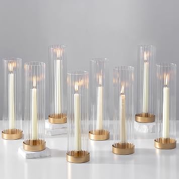 Hewory Hurricane Glass Candle Holders Set of 8 Gold Candlestick Holders with 11" Tall Clear Cylinder Hurricane Cover, Taper Candle Holder for Wedding Table Centerpiece Party Christmas Home Decor